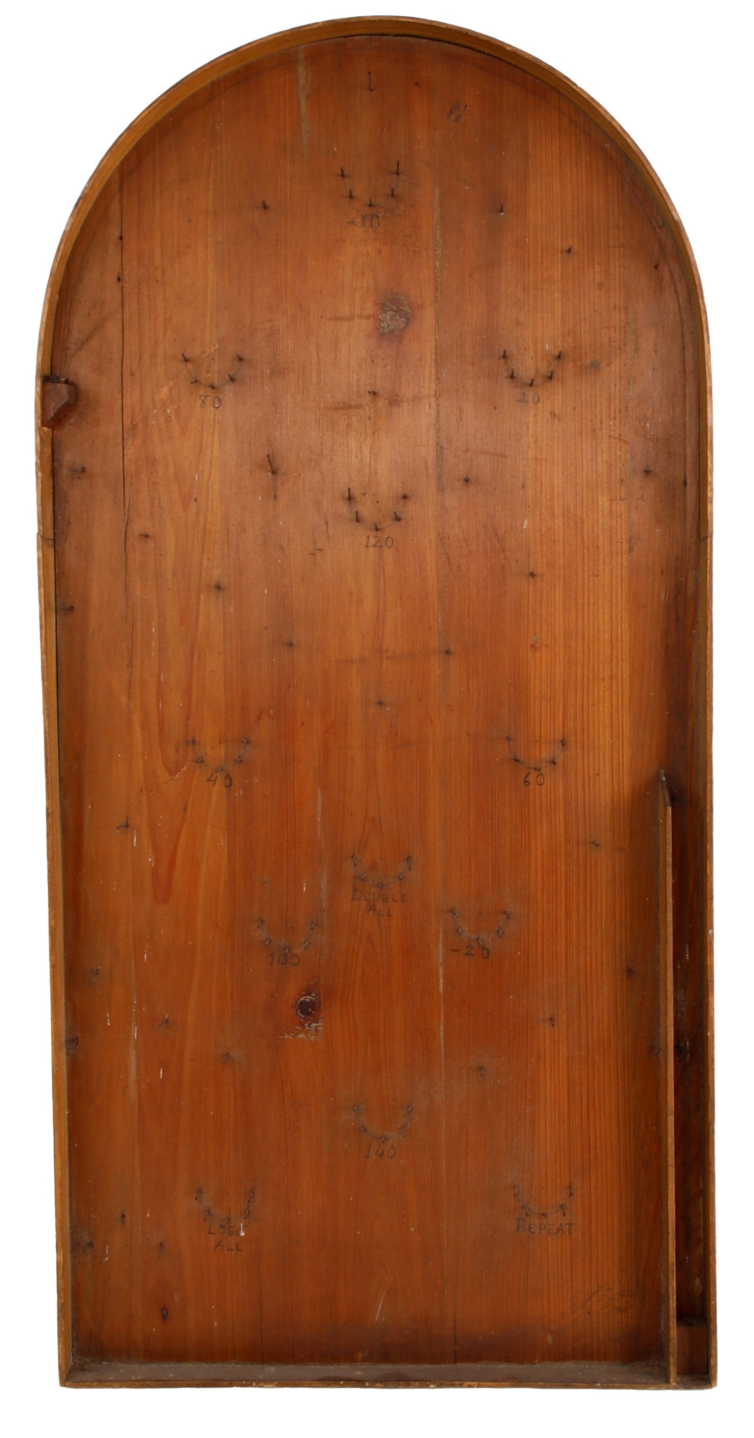 Rustic Homemade Bagatelle Board: A handmade, all-wood bagatelle board characterized by its rustic appeal. This version is designed without a mechanical plunger apparatus, intended instead for manual launch. The scoring zones and poin