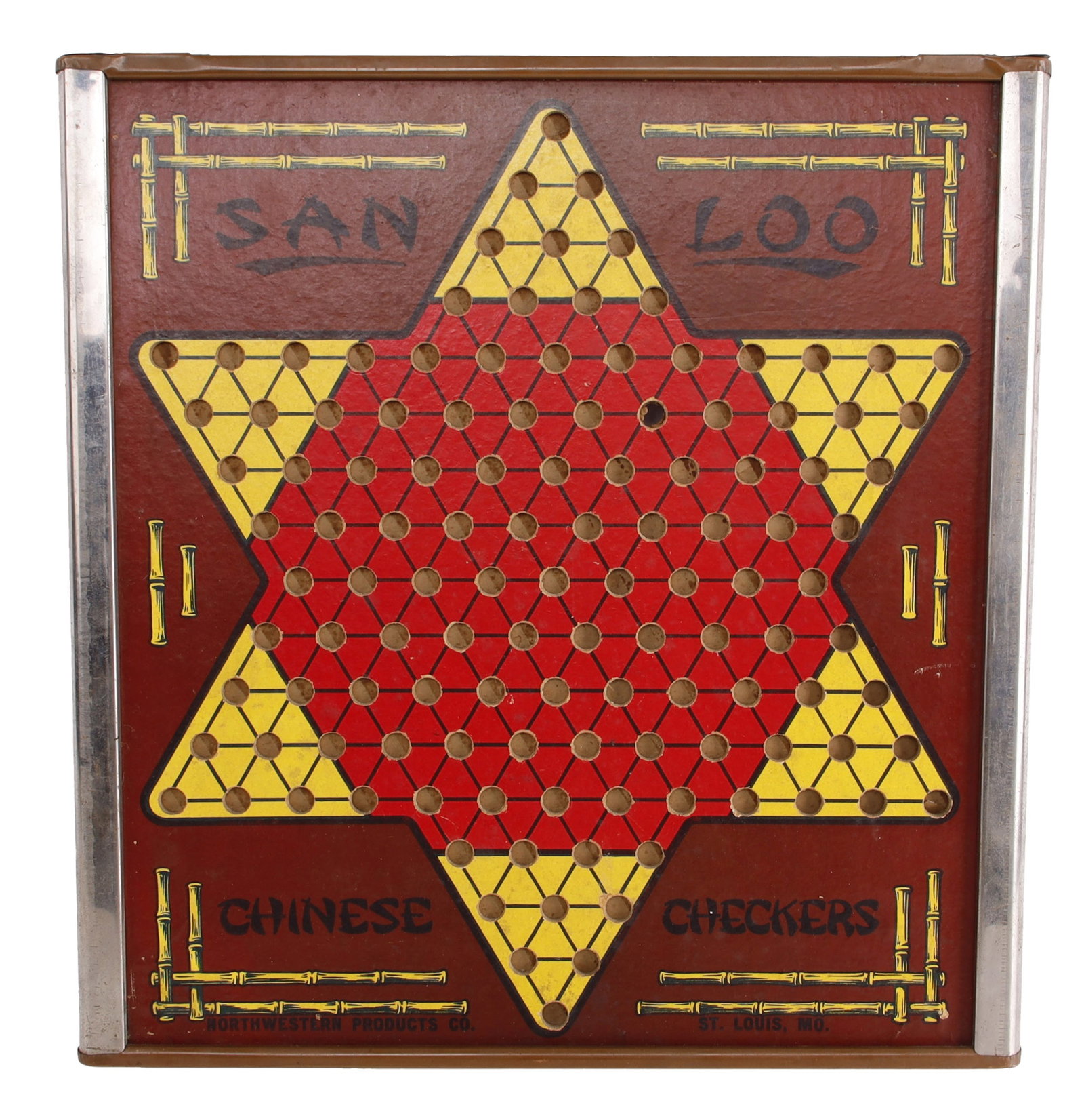 San Loo Chinese Checkers Ante-Up-Rummy Board: A mid-century two-sided game board manufactured by Northwestern Products Co. of St. Louis, Missouri, circa 1940s-1950s. This hybrid set features 'San Loo' Chinese Checkers on one side and 'Ante-Up-Rum