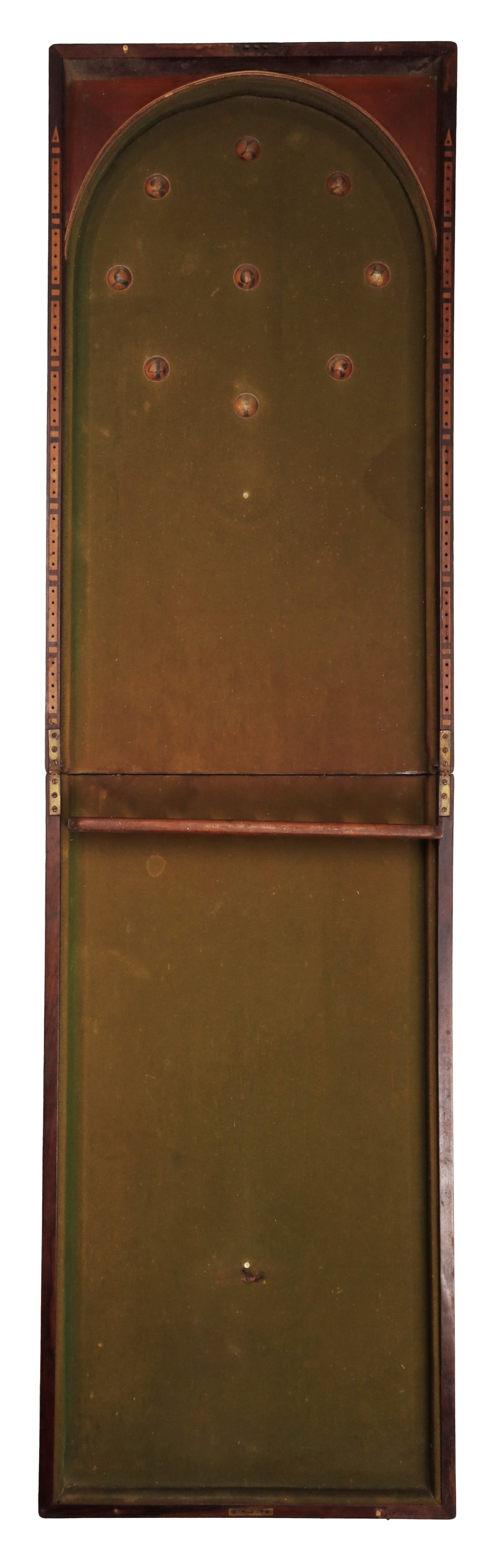 Victorian Bagatelle Game Folding Case: A substantial 19th-century wood folding game cabinet of impressive scale. This board is designed to be used for either proper bagatelle or Le Trou Madam, and can be played in combination or against op