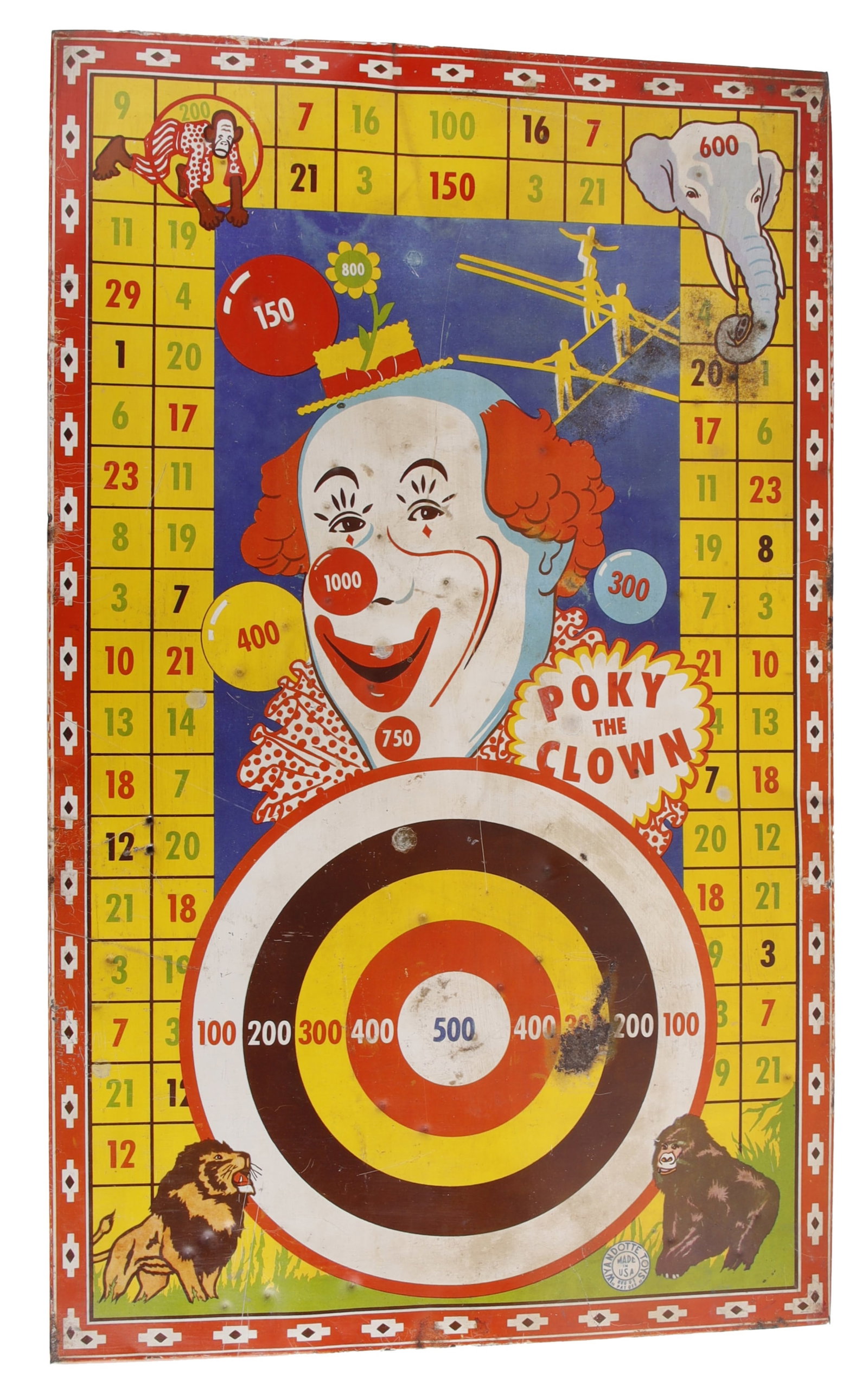 Wyandotte Toys Poky the Clown Target Litho: A lithographed tin target board featuring 'Poky the Clown' from Wyandotte Toys. Two scoring systems present on board. 14.25x23.5 inches.
