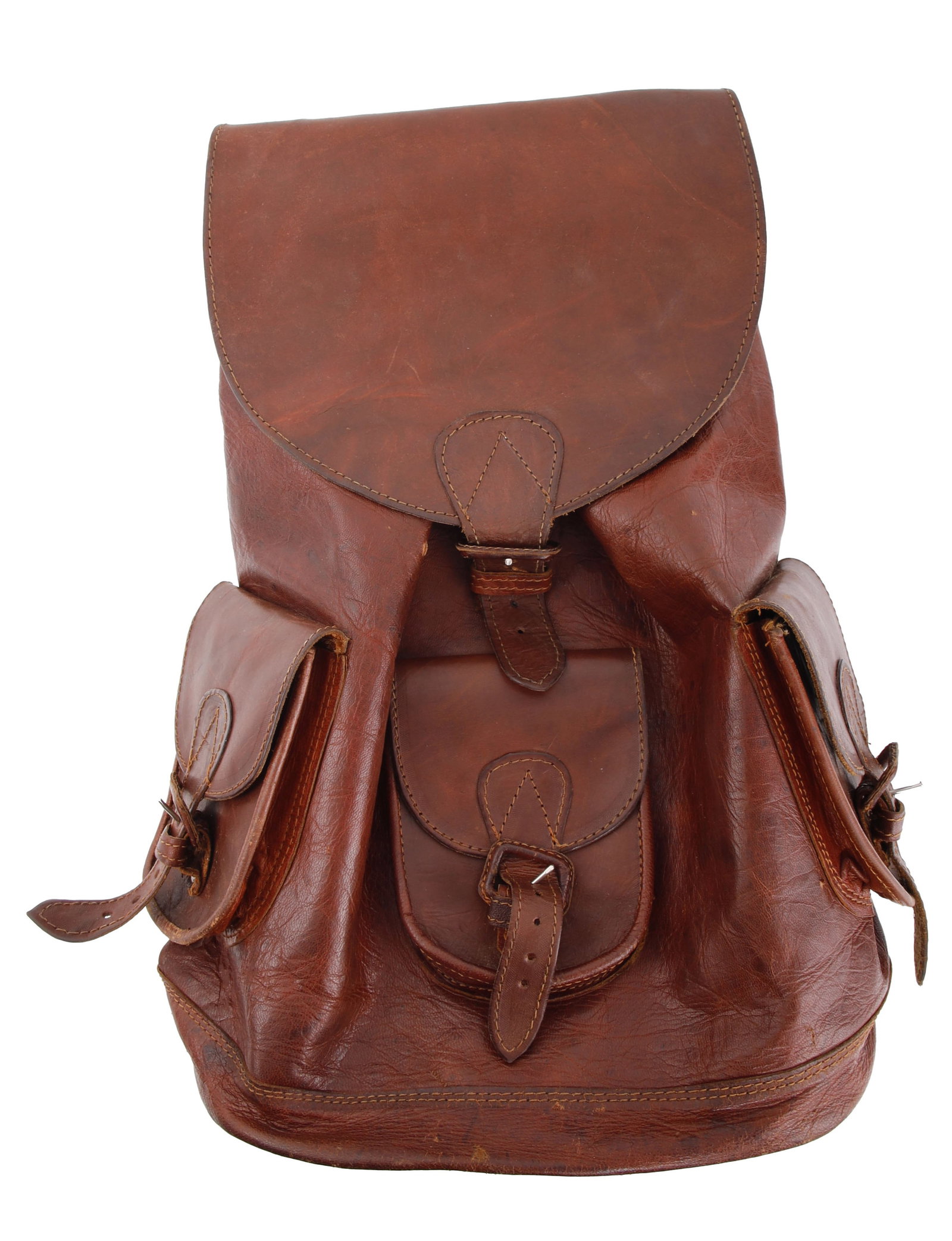 Brown Leather Backpack Vintage Handmade Rucksack: Vintage brown leather travel backpack or daypack. Large main compartment drawstring closure and buckling flap. Three auxiliary pockets. Dimensions 17x13 inches.