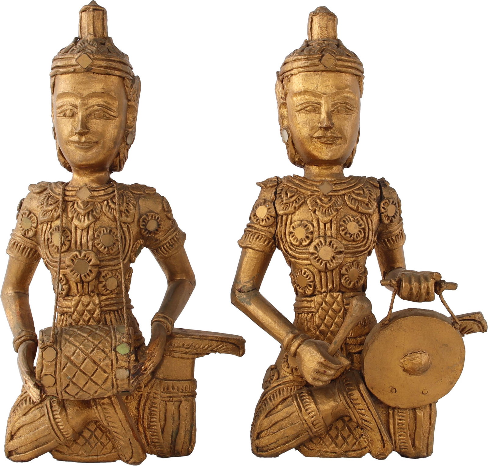 Vintage Carved Wood Gold Painted Buddha Set of 2: Lot of two (2) carved wood gold painted Buddha or Bodhisattva figures with colored glass inlay. Vintage wall hanging decoration, East Asia, Thailand. Seated figure with gong and drum. Suspension loop 