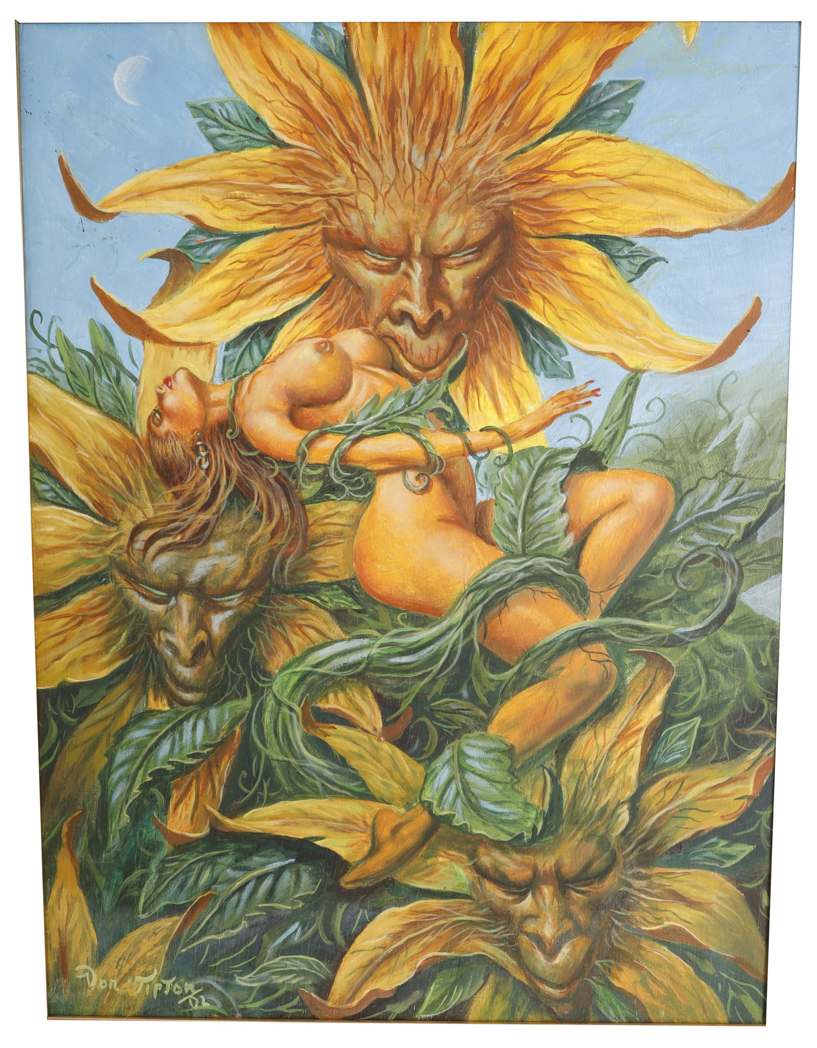 Von Tipton Fantasy Painting of a Woman and Demon: An original painting by Florida fantasy and surrealist artist Von Tipton, depicting a nude female figure intricately entangled within a dense growth of vines. The composition is watched over by three 