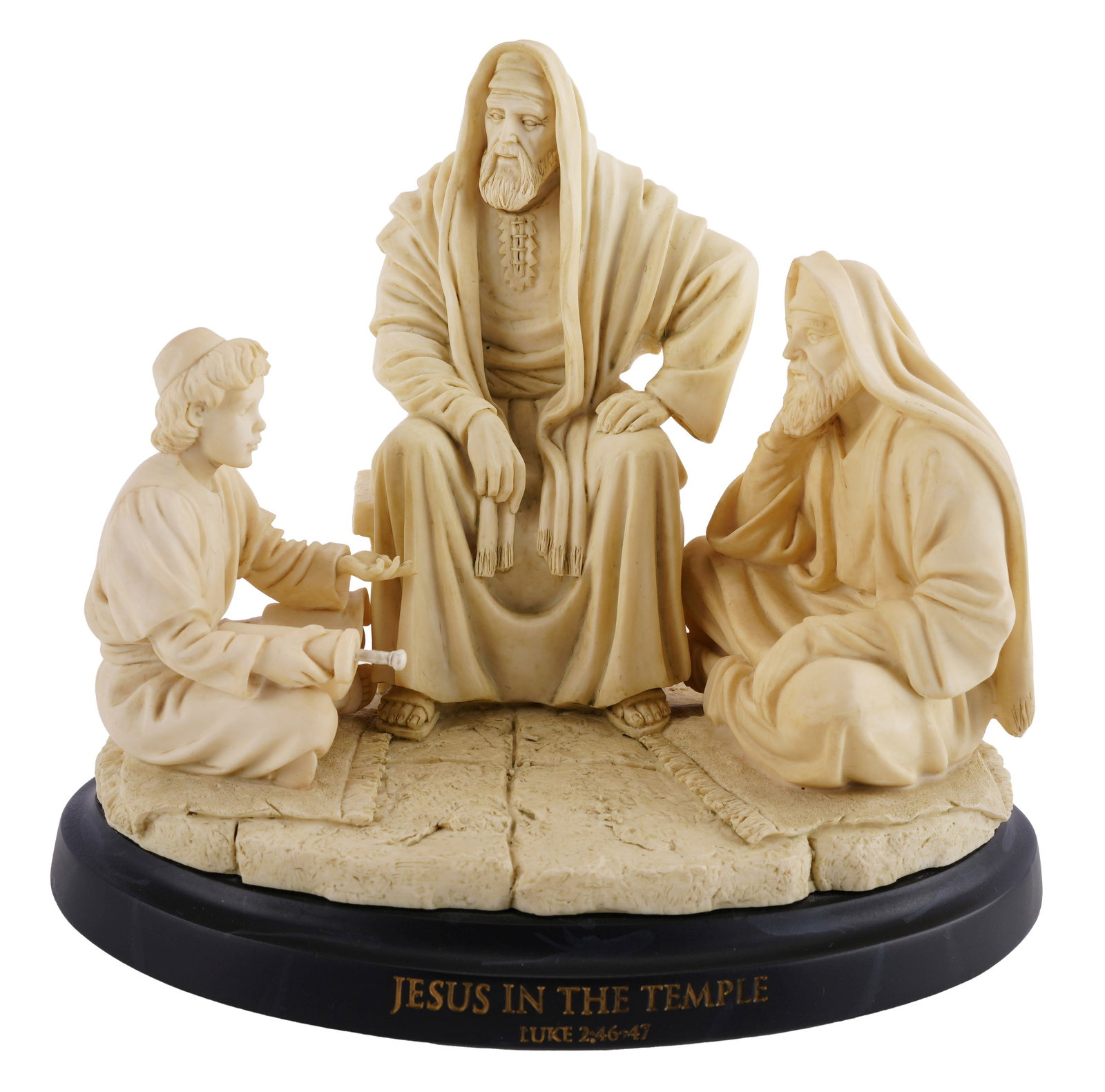 Jesus at the Temple Statue by Master Peace: A statue from the Master Peace series 'The Life of Jesus' titled 'Jesus in the Temple.' Depicts Jesus in conversation with two men. This represents the Biblical scene from Luke 2:46-47. 00980 of 10000
