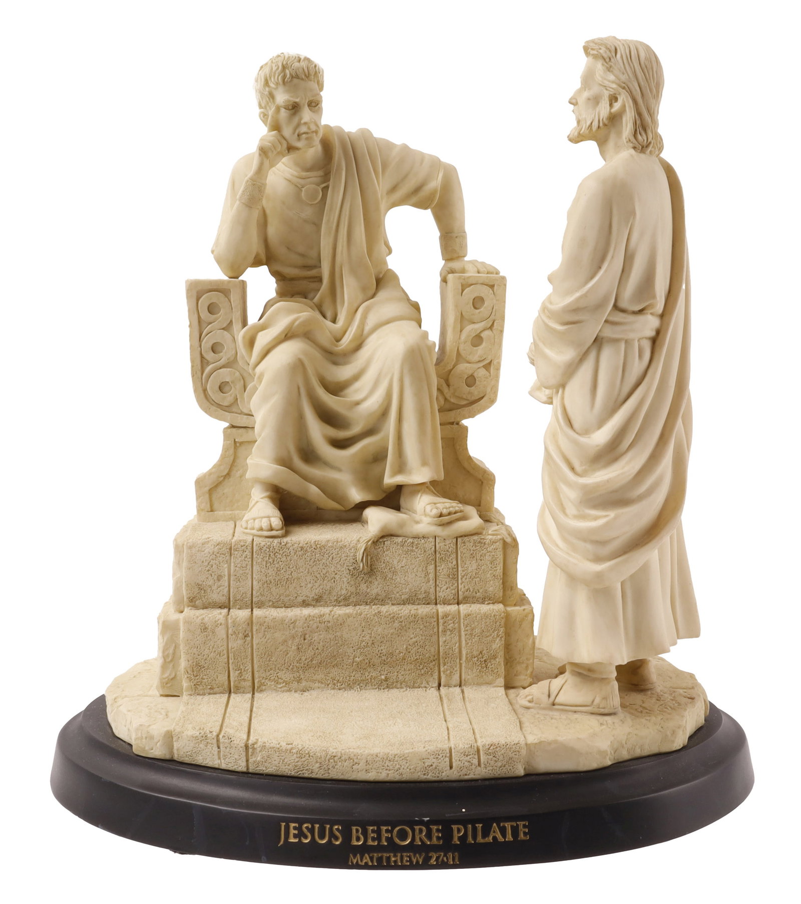 Jesus Before Pilate Statue by Master Peace: A statue from the Master Peace series 'the Life of Christ' titled 'Jesus Before Pilate.'' Depicts Jesus before the Roman Pontius Pilate. This represents the Biblical scene from Matthew 27:11. 7.75x8x5