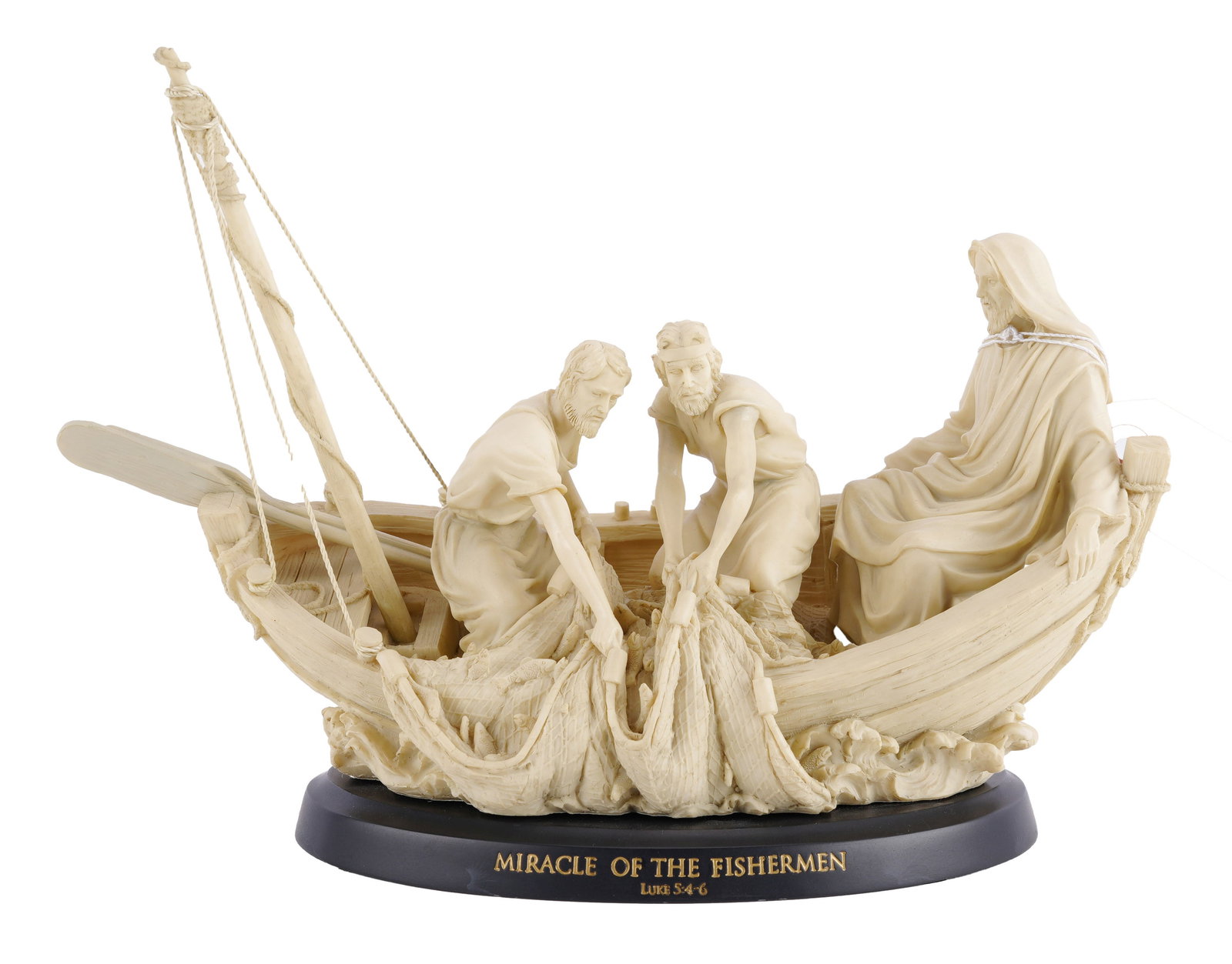Miracle of the Fishermen Statue by Master Peace: A statue from the Master Peace series 'The Life of Jesus' titled 'Miracle of the Fishermen.' Depicts Jesus calming a storm on the sea of Galilee. This represents the Biblical scene from Luke 5:46. 013