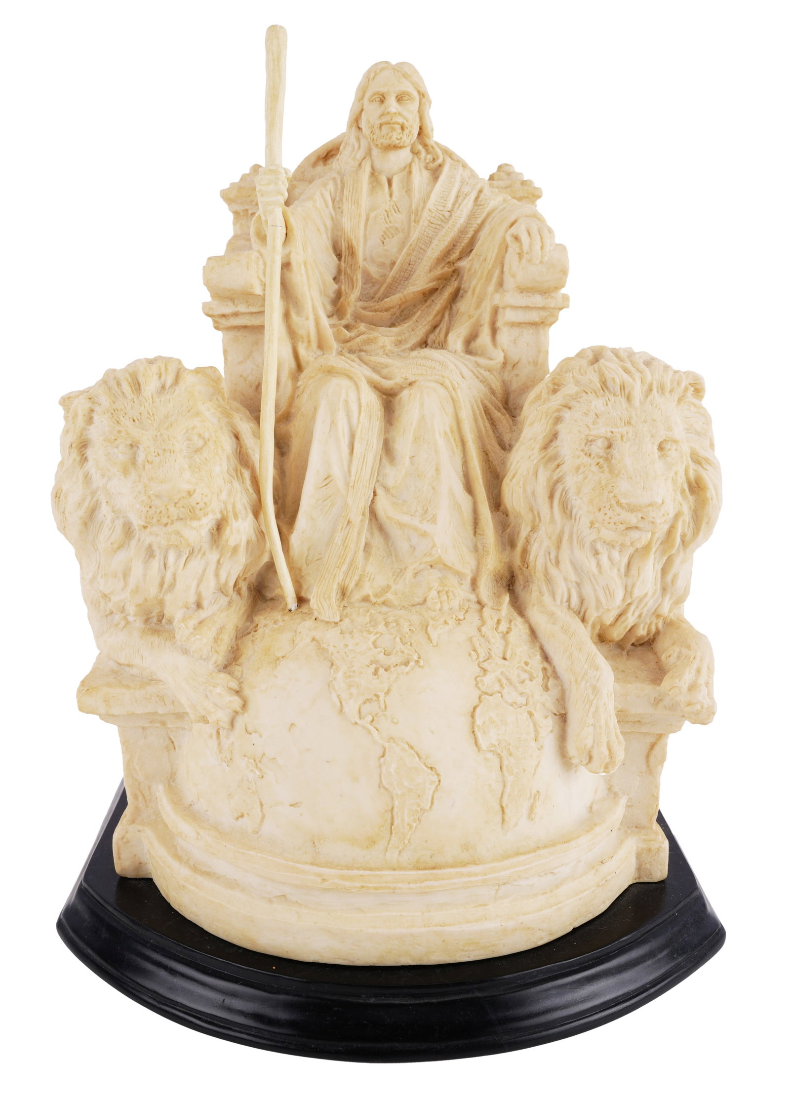 Victorious Lion of Judah Statue by Master Peace: A statue from the Master Peace series 'The Life of Jesus' titled 'Victorious Lion of Judah.' Depicts Christ enthroned with two lions and a globe. This represents the Biblical scene from Revelation 5:5
