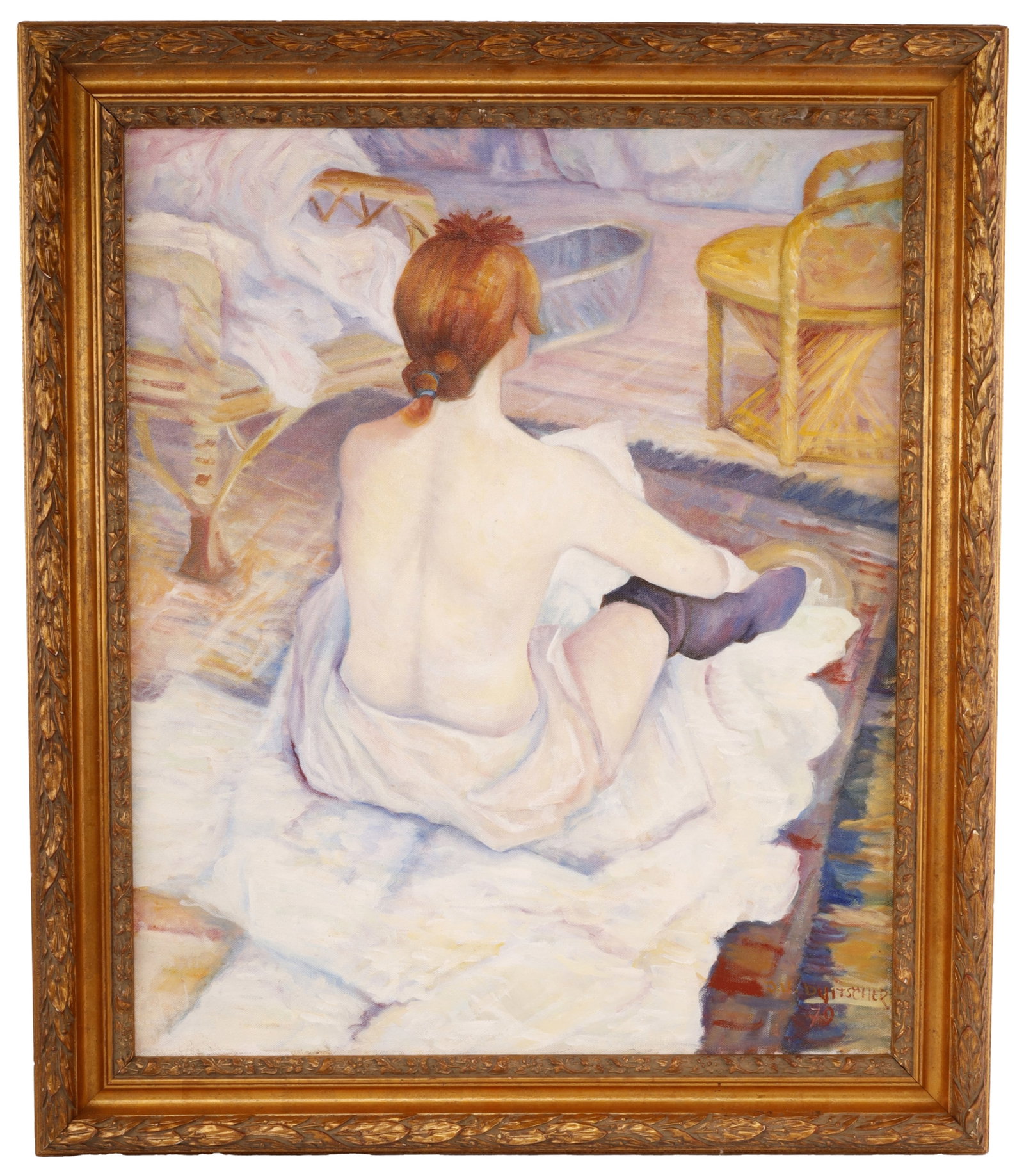 After Toulouse-Lautrec's La Toilette: A high-quality academic study after the 1889 masterpiece 'La Toilette' (also known as 'Rousse') by Henri de Toulouse-Lautrec. The work depicts a seated red-haired woman from a back-view perspective, c