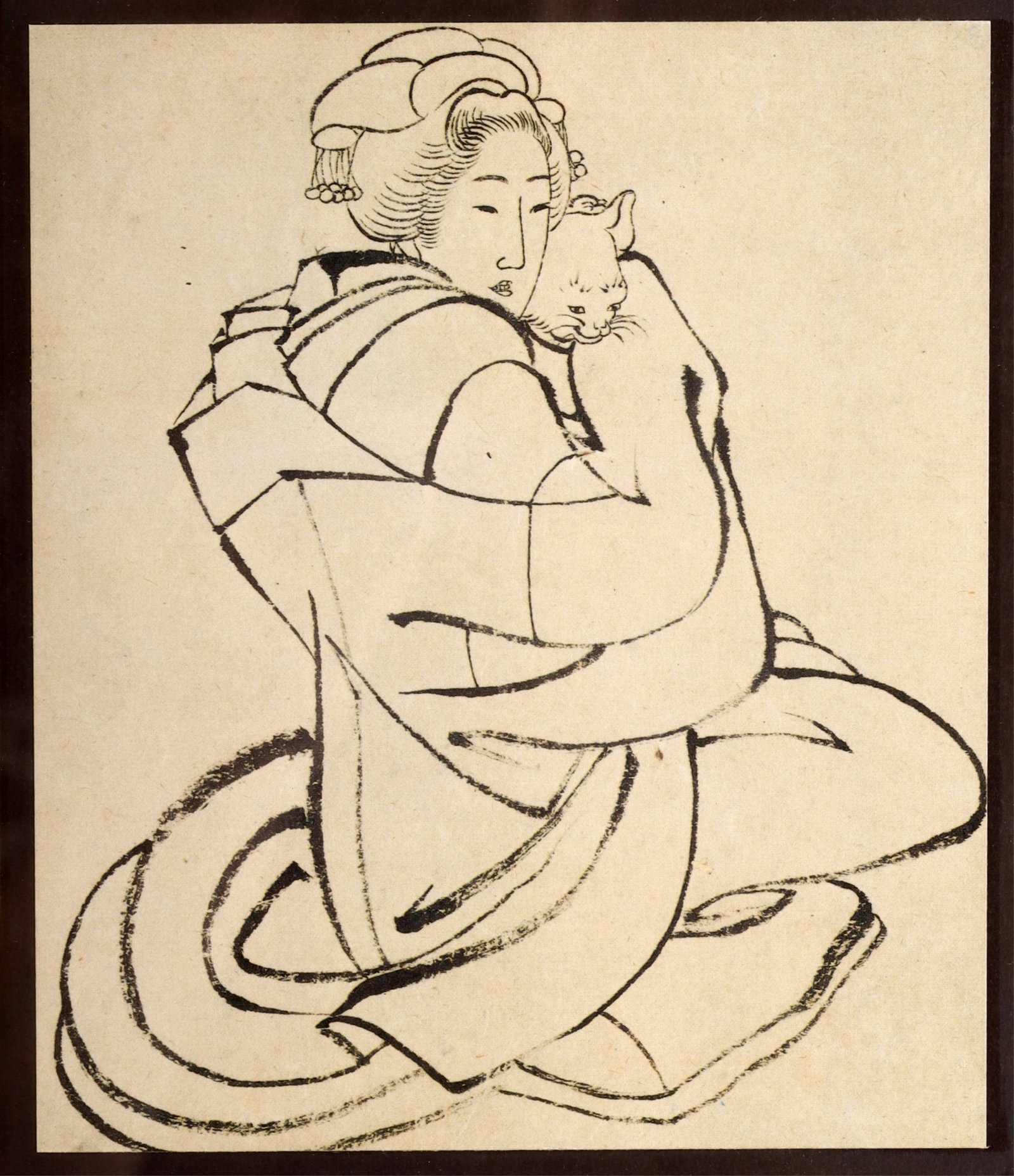 Hokusai's Lady Holding a Cat Print Ukiyo-e: A print reproduction of a work by the Ukiyo-e master Hokusai Katsushika, depicting a noblewoman in traditional attire cradling a cat. The image captures the refined aesthetic and delicate linework cha