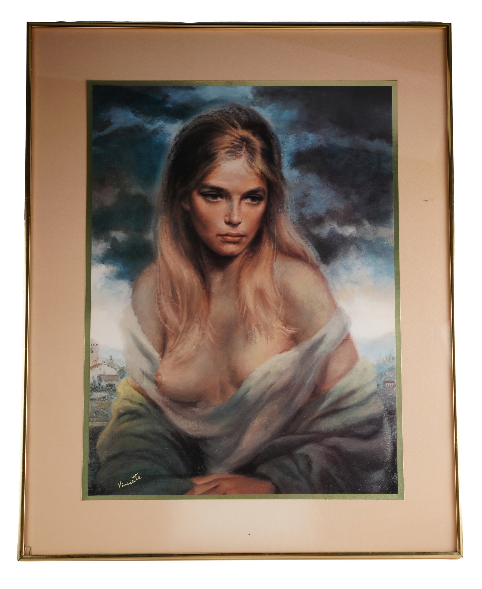 Vinciata Girl of Valdarno Print Mid Century: A mid-century framed print titled 'Girl of Valdarno' by artist Joseph Wallace King (1911-1996), who worked under the pseudonym 'Vinciata.' The composition depicts a young girl in a contemplative pose 