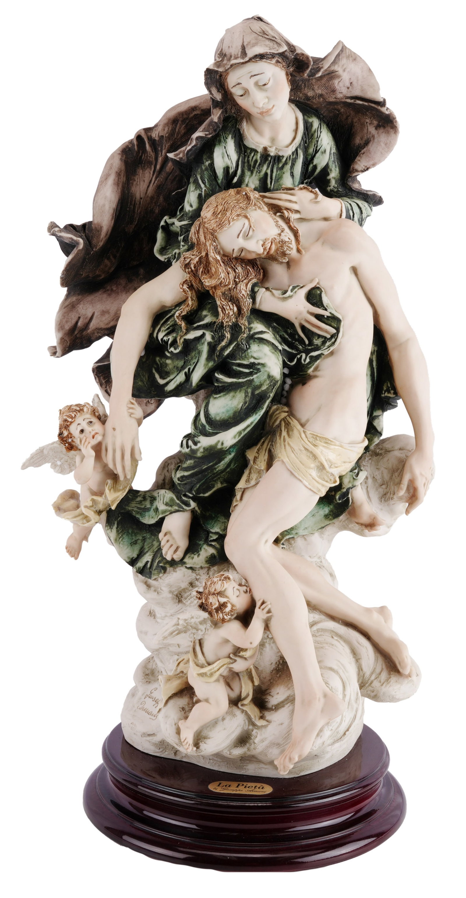 Armani Painted La Pieta Porcelain Statue of Jesus: A large and impressive cold-cast porcelain sculpture of 'La Pieta' (Art. 802-C), designed by Giuseppe Armani for Florence Sculture d?Arte. This version features the 'C' finish, characterized by a lumi
