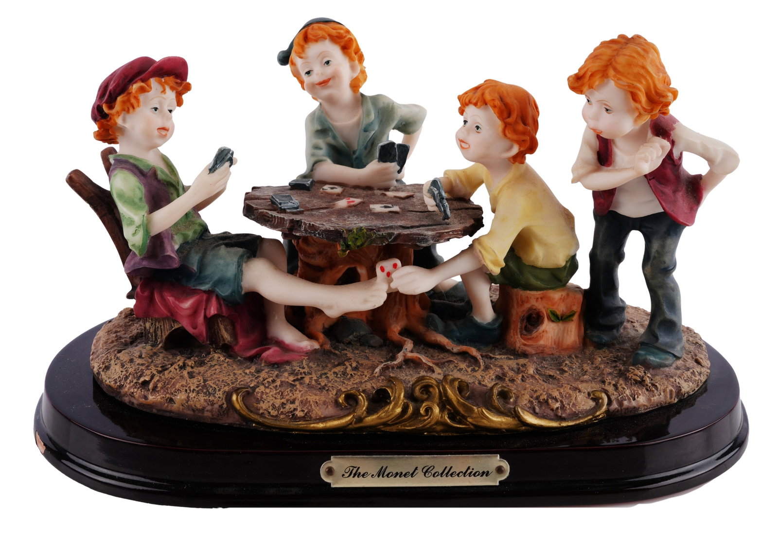 Armani The Cheats Statue Card Playing Boys Monet: A small, decorative porcelain interpretation of Armani's famous card-playing scene, specifically marked as part of the Giuseppe Armani 'Monet' series. While maintaining the core subject of the boys ch