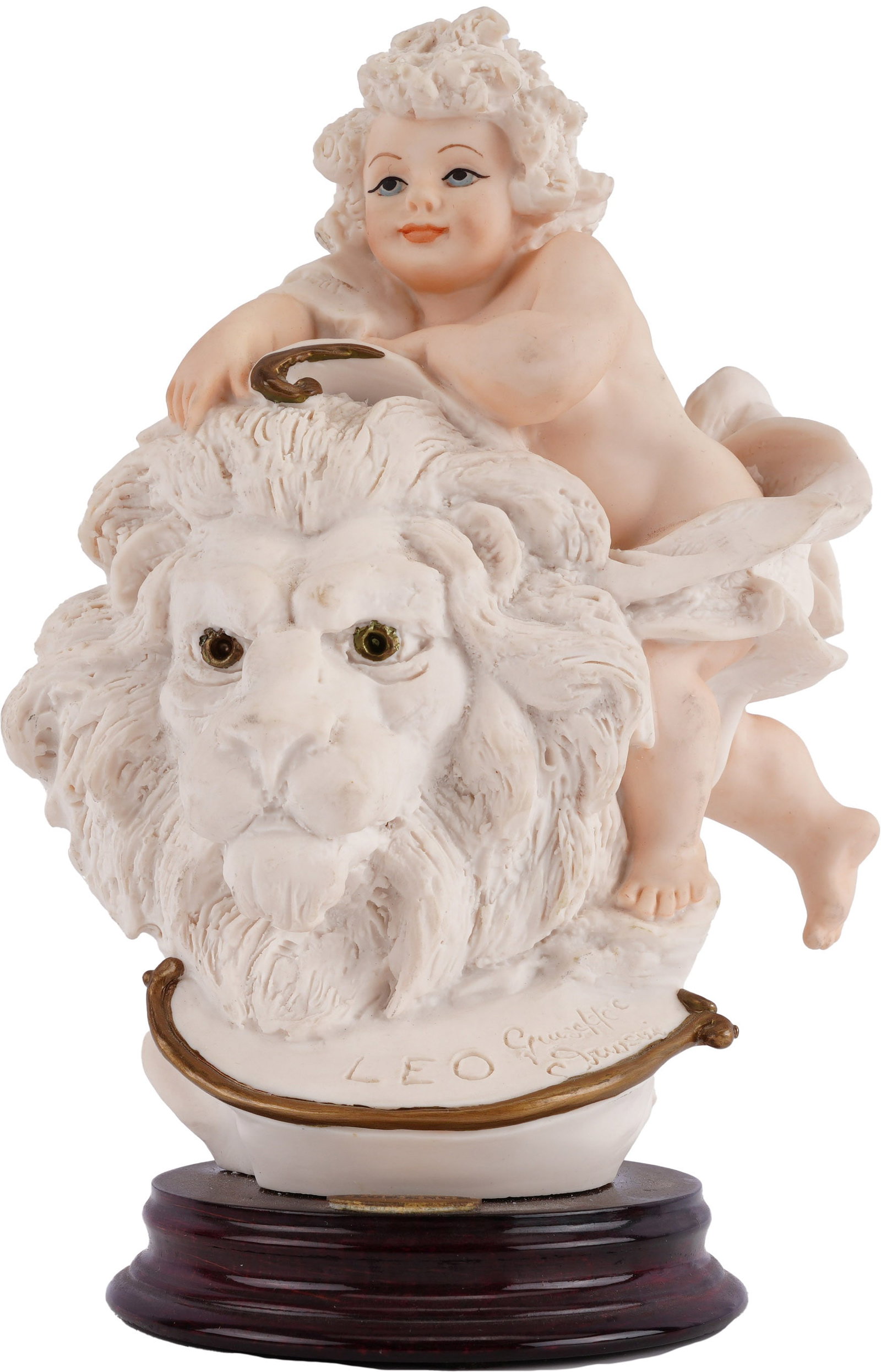 Giuseppe Armani Porcelain Statue of Leo: A petite cold-cast porcelain sculpture (Art. 0527-F) from the Zodiac series by Giuseppe Armani for Florence Sculture d?Arte. This interpretation of the astrological sign Leo depicts a playful cherub a