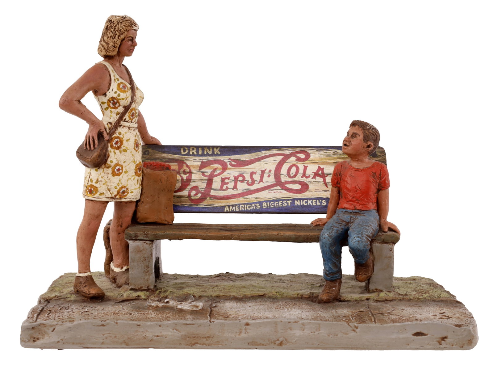 Michael Garman Going Home Bench Pepsi: A detailed 'American Moments' sculpture titled 'Going Home Bench' by Colorado artist Michael Garman. The scene features a weary traveler seated upon a rustic bench with his luggage, captured in Garman