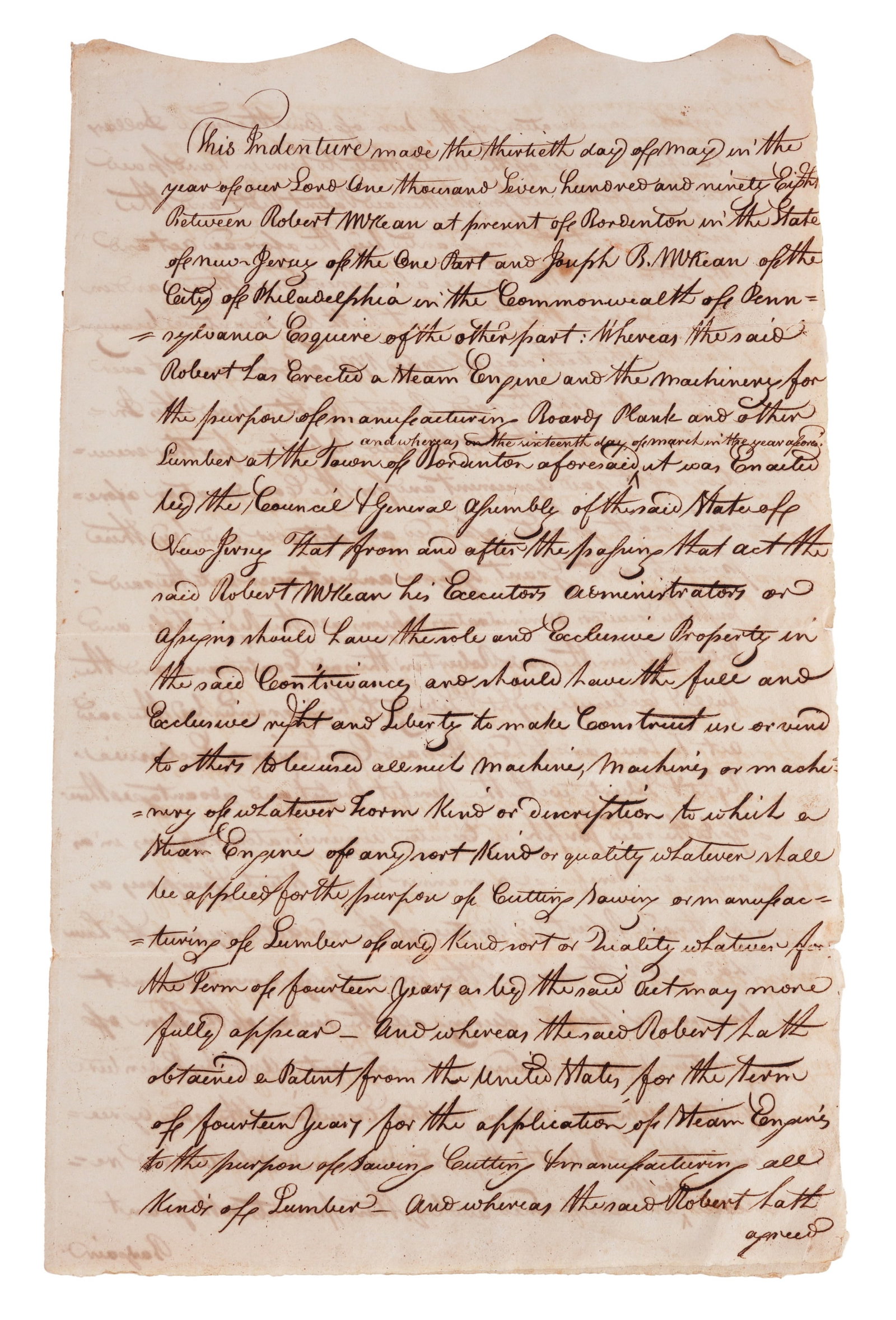 1798 Steam Engine Sawmill US Patent Indenture DS (1 of 7)