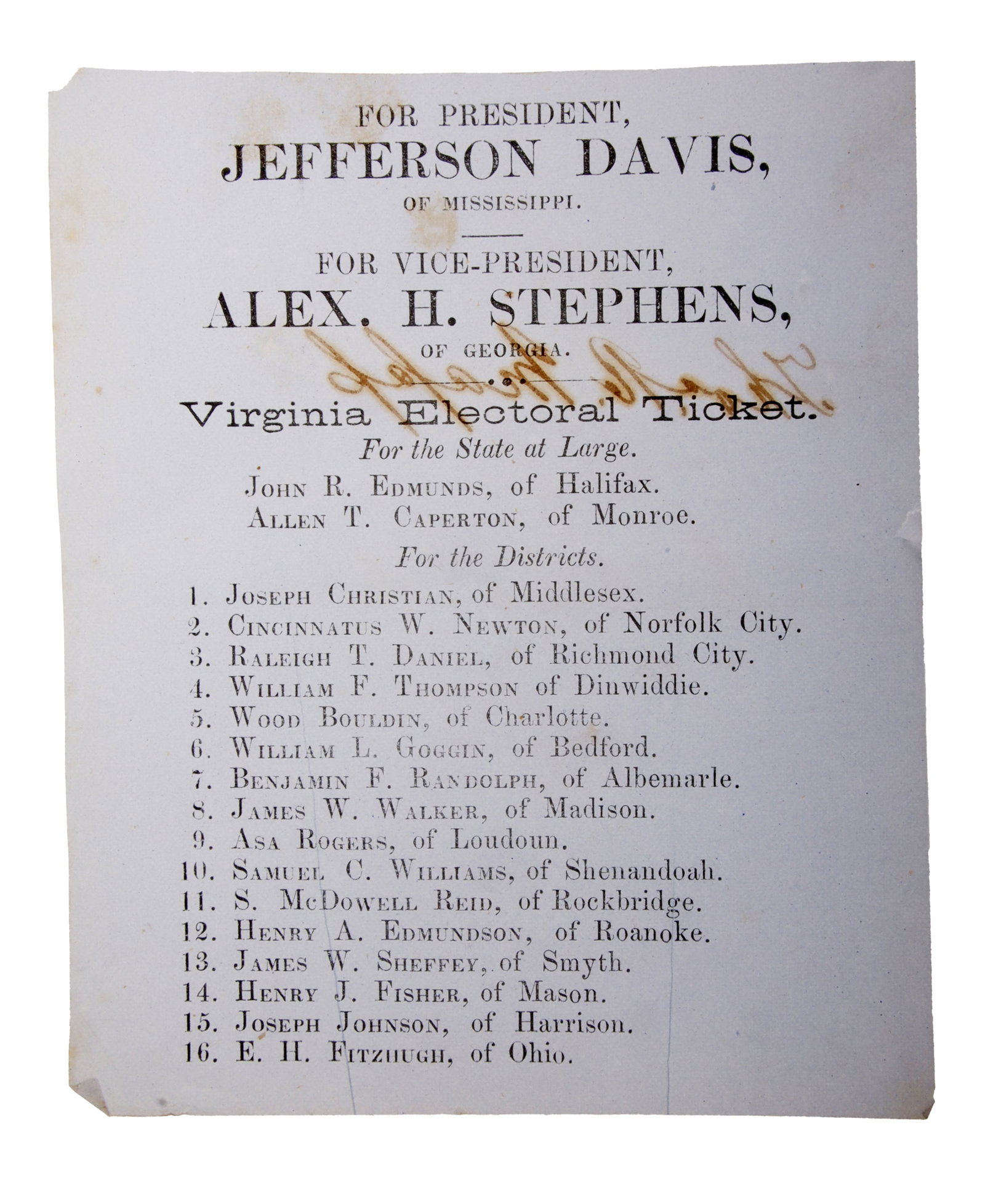 Jefferson Davis Ballot 1861 CSA President: A printed ballot used to cast a vote in favor of Jefferson Davis for Presidency of the Confederacy. | This lot has a reserve.