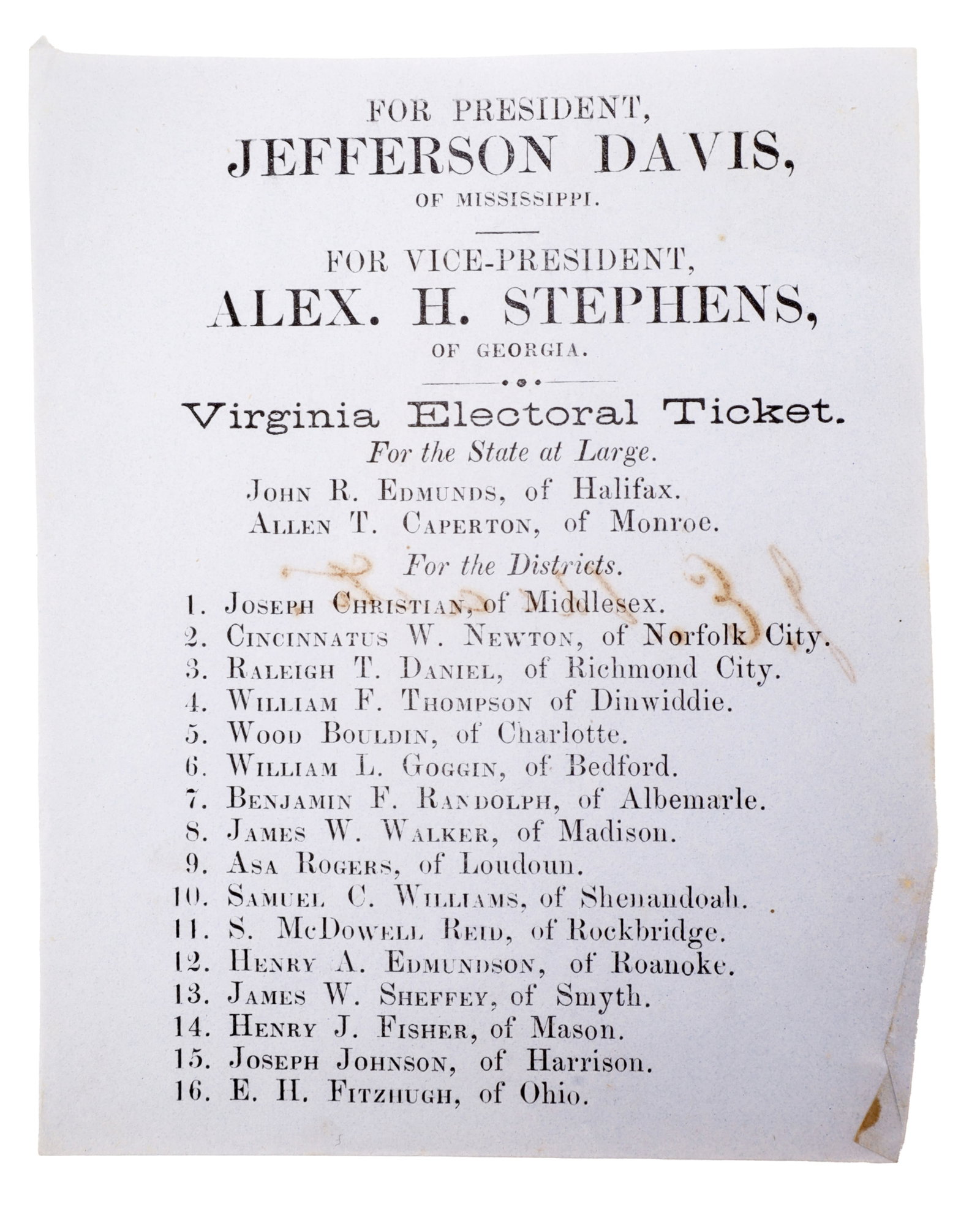 Jefferson Davis Ballot 1861 CSA President: A printed ballot used to cast a vote in favor of Jefferson Davis for Presidency of the Confederacy. | This lot has a reserve.