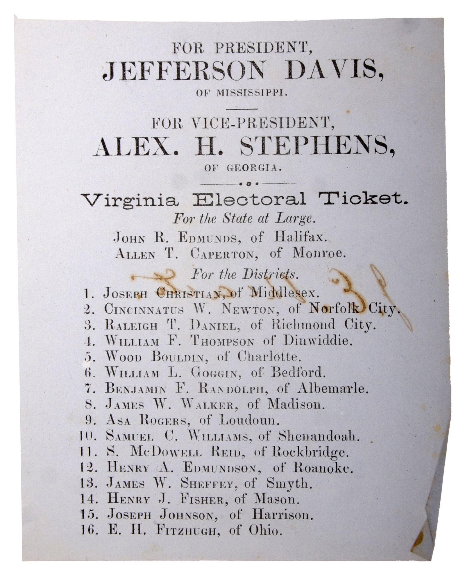 Jefferson Davis Ballot 1861 CSA President: A printed ballot used to cast a vote in favor of Jefferson Davis for Presidency of the Confederacy. | This lot has a reserve.