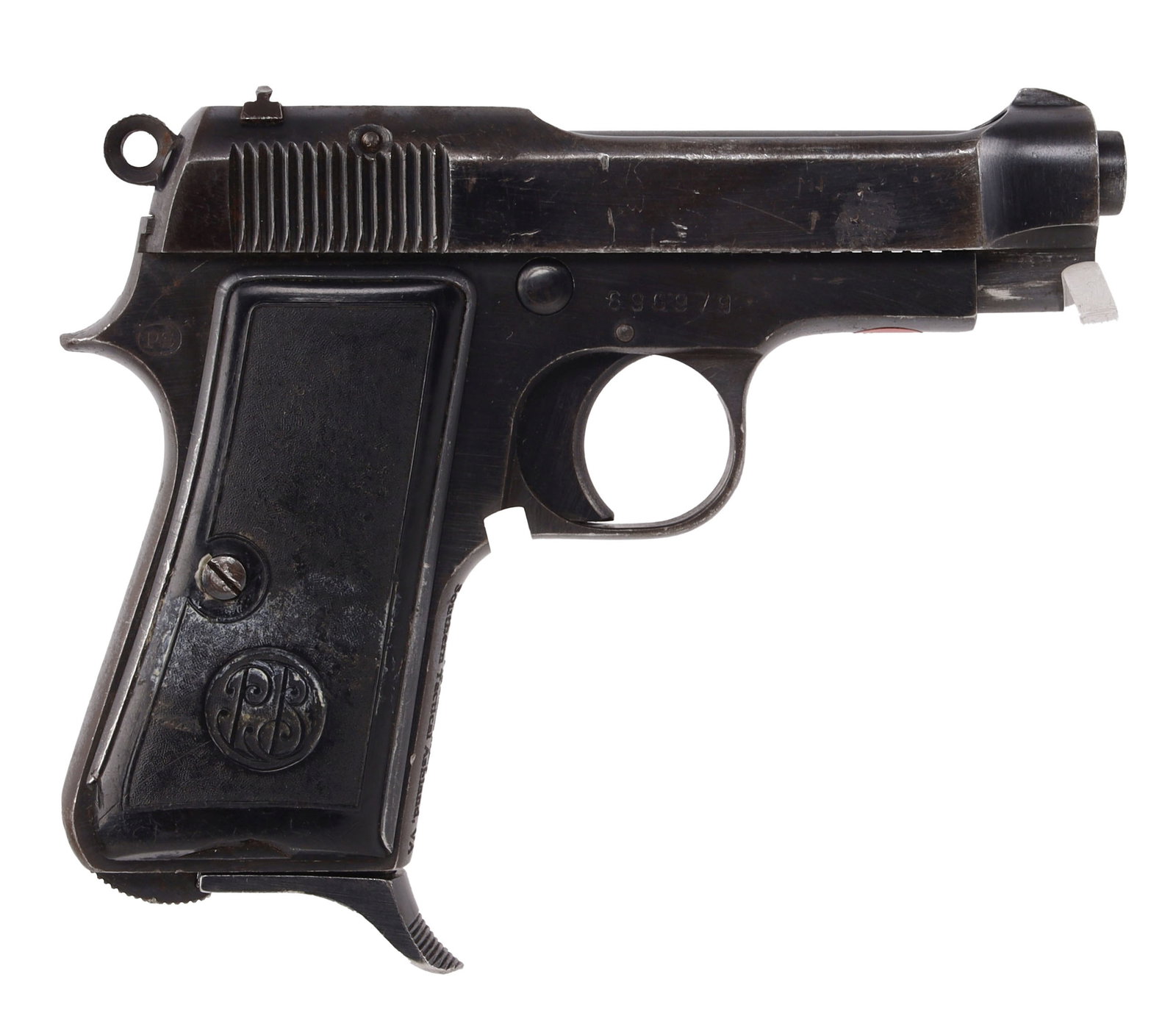 Beretta Model 1935 .32 ACP Semi Auto Pistol: Beretta M1935 single-action semi-automatic pistol. Steel-lined Bakelite grips with PB monogram. Left of frame has crowned lion stamp and crown over "PD." Right of frame stamped "PS." Import mark on fr