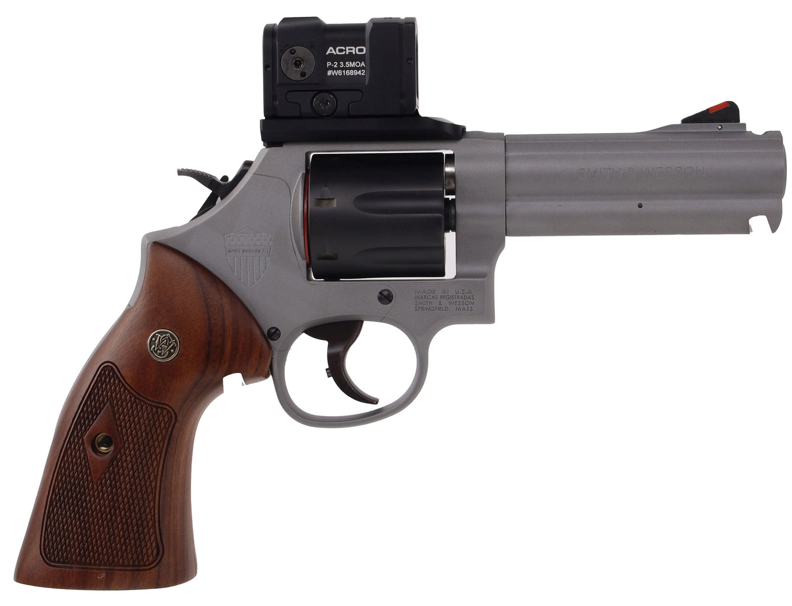 Smith & Wesson Spec Series R Model 686 Plus NIB: New in box Smith & Wesson Model 686 Plus Spec Series R .357 Magnum revolver with Aimpoint ACRO P-2 red dot reflex sight. Ported 4.13-inch barrel, 7-round capacity, extended cylinder release, checkered