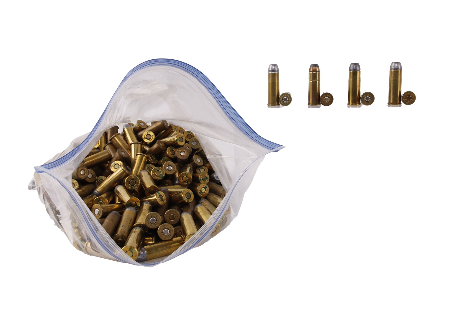 180 Rds .44-40 WCF LRN Cowboy Action Ammo: Lot of approximately 180 rounds loose .44-40 Winchester centerfire revolver ammunition. Brass case cowboy action loads, mixed head stamps. Gross weight 12 pounds, 4 ounces. No international shipping.
