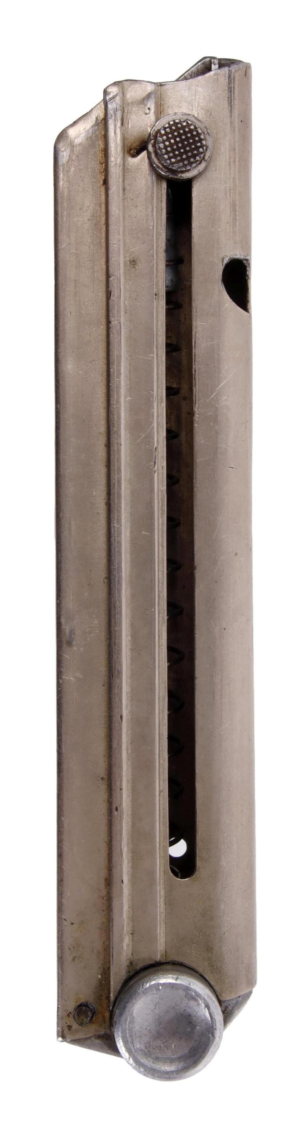 Luger P08 Magazine Simson Krieghoff 1936 E/2 E/6: Nickel-plated steel body with aluminum base plate. Base plate marked "1396" and has WaA "2." Spine of mag body stamped WaA "6." German production, part Simson, part Krieghoff, ca. 1934-36.