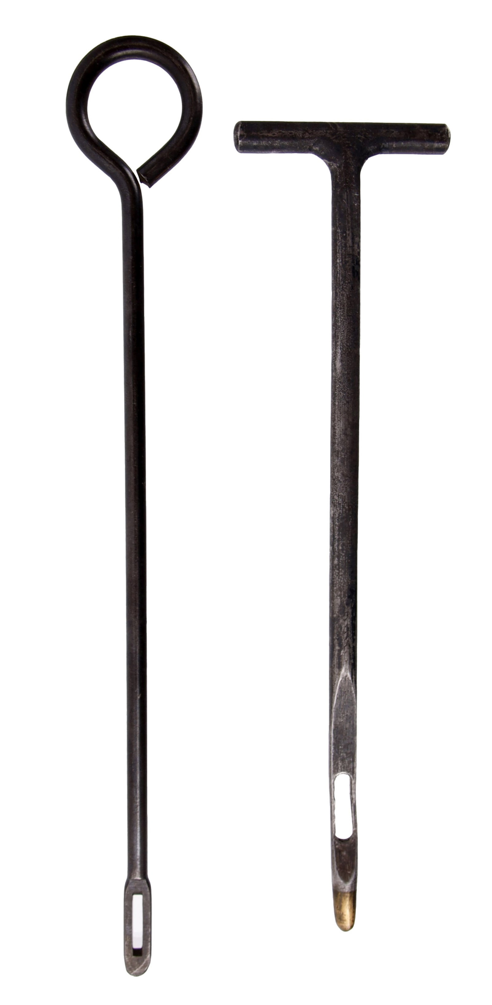 Luger P08 Brass Tipped Steel Cleaning Rod Lot of 2: Pair of antique pistol cleaning rods. First has a T-grip, steel construction with brass tip. Overall length 6.75 inches. Second has a loop grip, steel construction. Overall length 7.75 inches.