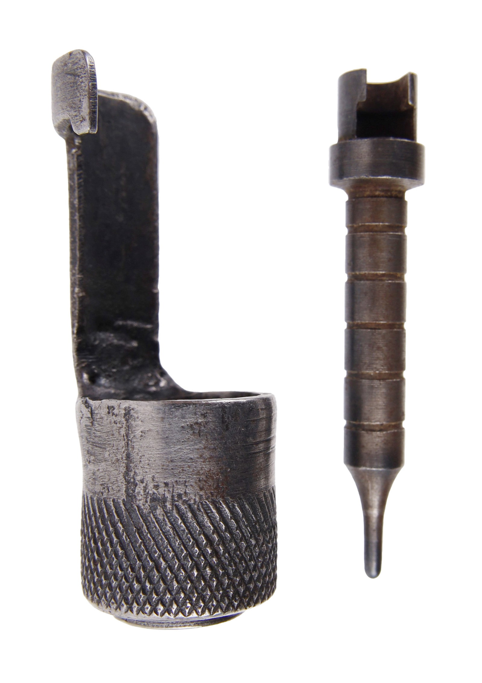 US M1903 Rifle Firing Pin & M48 Mauser Muzzle Cap: Lot of two (2) pieces. First, a Springfield M1903 rifle firing pin striker. Overall length 2.12 inches. Second, a Yugo M48 Mauser muzzle protector and cleaning guide. Overall length 2.13 inches. Inner