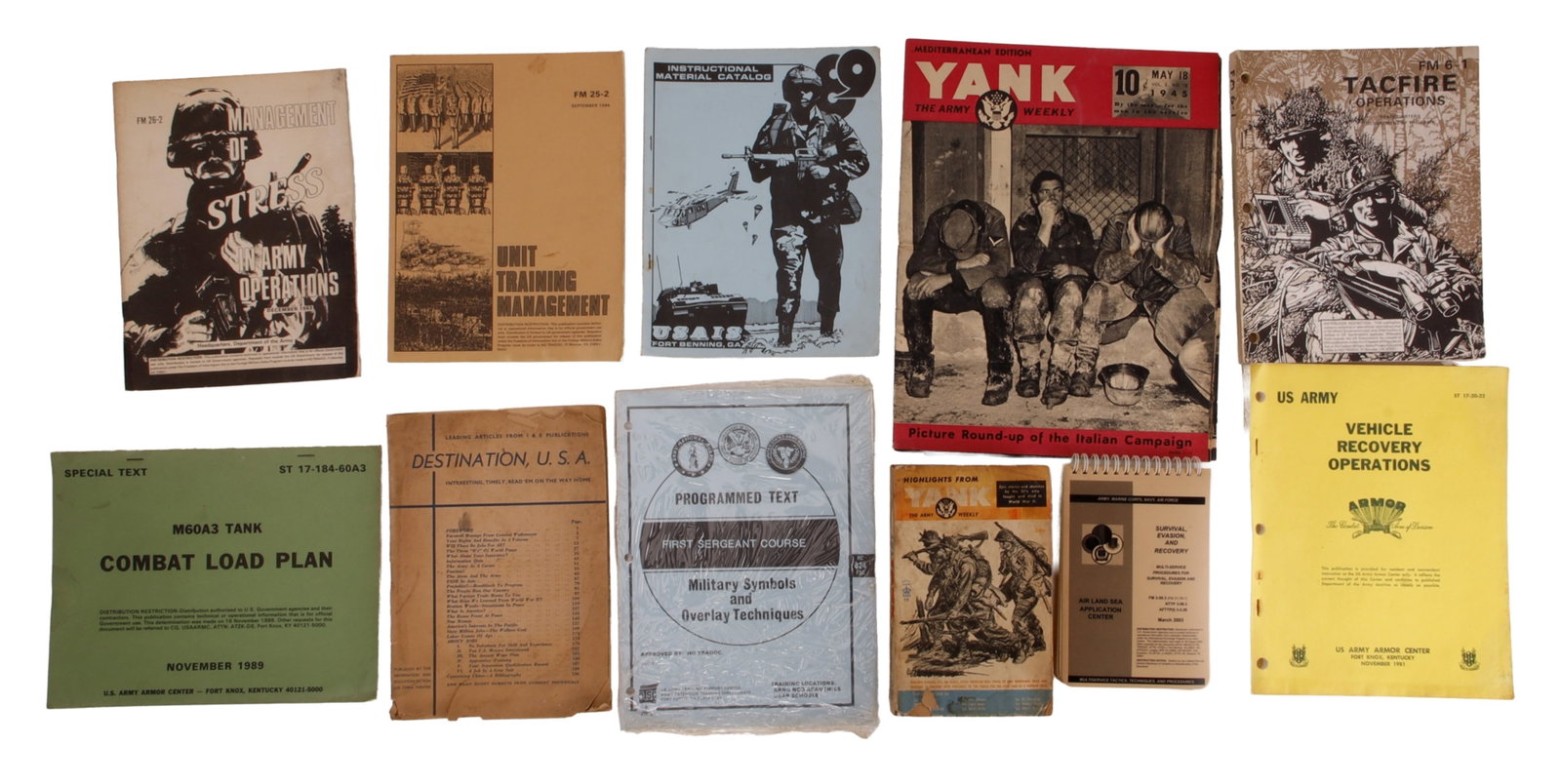 USGI Field Manual CBI I&E SERE Lot of 11: Lot of eleven (11) publications dating from WWII through the 1980s. Includes WWII I&E Division reader issued to men in the China-Burma-India theater, "Highlights from Yank," May 18 1945 issue of Yank,