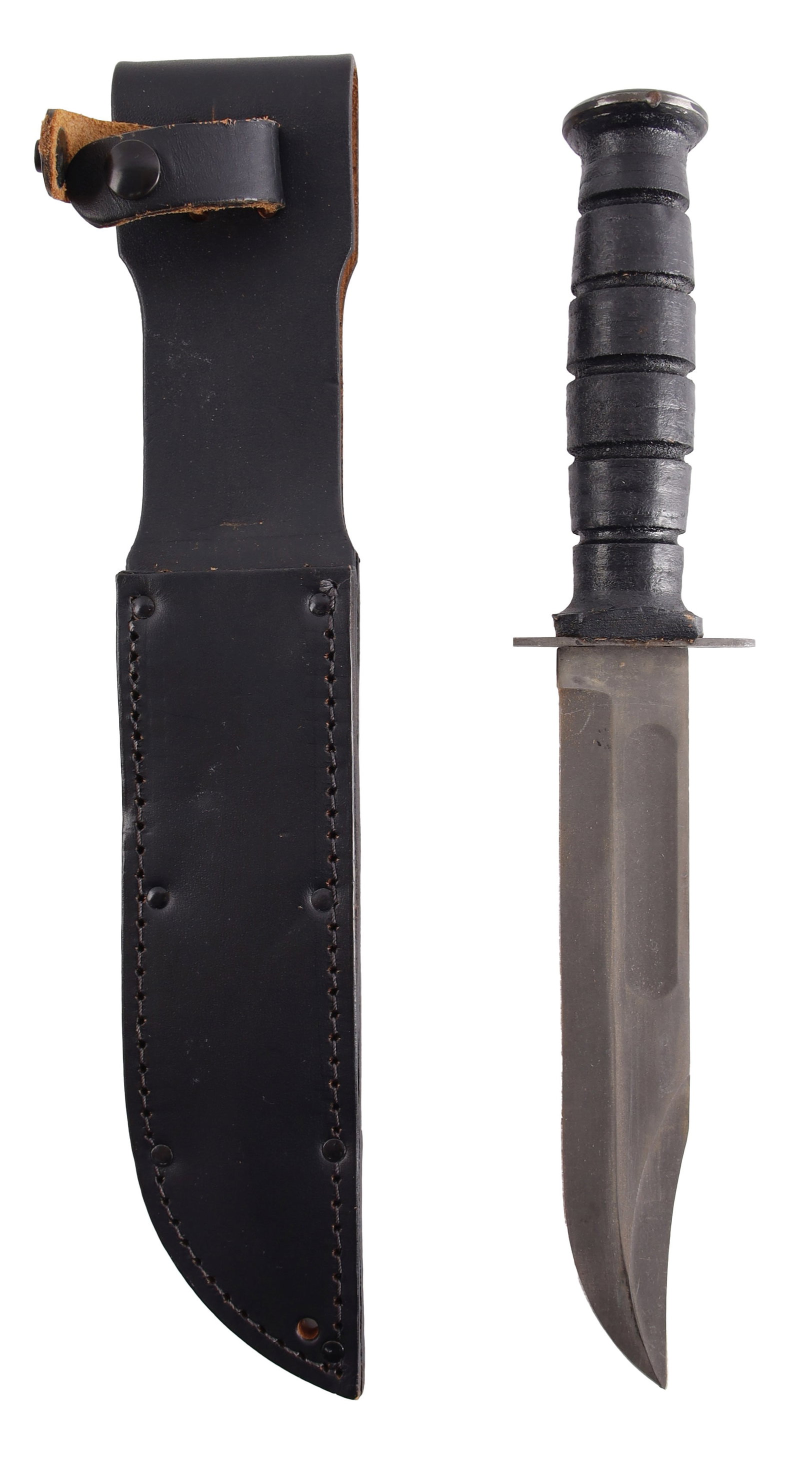 USMC Ontario 8180 498 Marine Combat Knife: USMC Ontario 8180 498 Marine Combat Knife, Ka-Bar type fighting knife, with black leather scabbard. Overall length 12 inches.