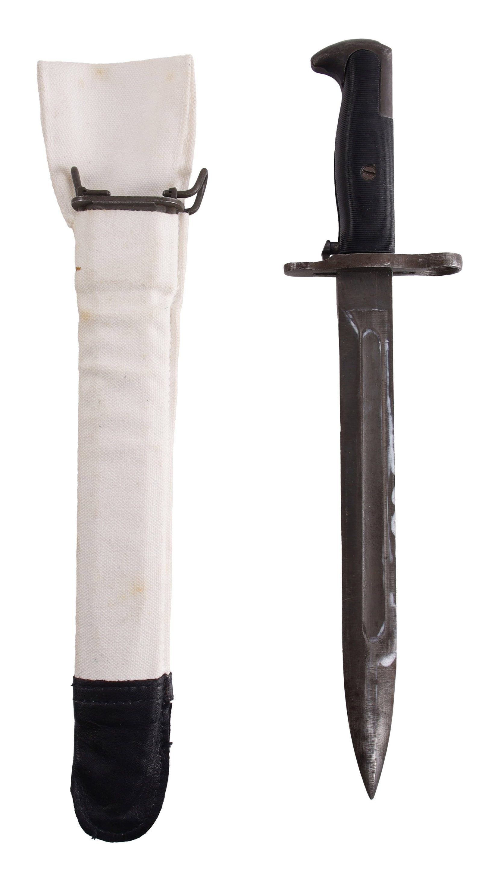 WWII US Utica Cutlery M1 Garand Knife Bayonet: Utica Cutlery knife bayonet with scabbard and canvas scabbard cover. Steel blade with Bakelite grips. Overall length 14.5 inches. Tang marked "H." Scabbard has U.S. flaming bomb and is marked "VP 14."