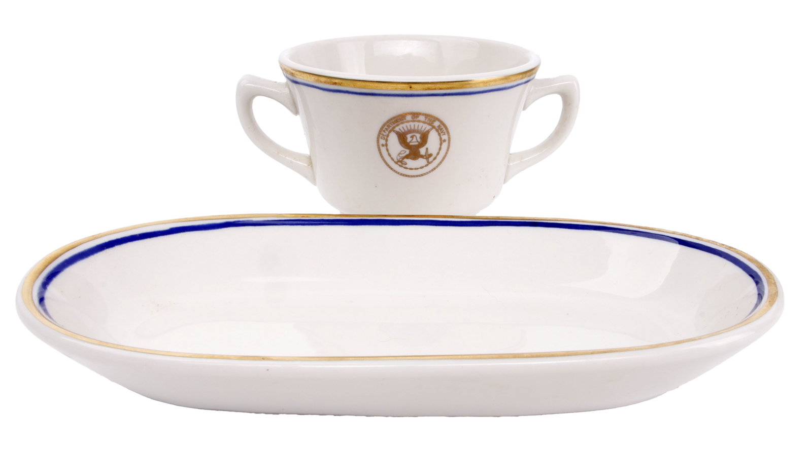 US Navy Gold Seal Officer's Mess Relish Tray & Cup: US Navy Sterling China gold seal officer's mess relish tray and tea cup.