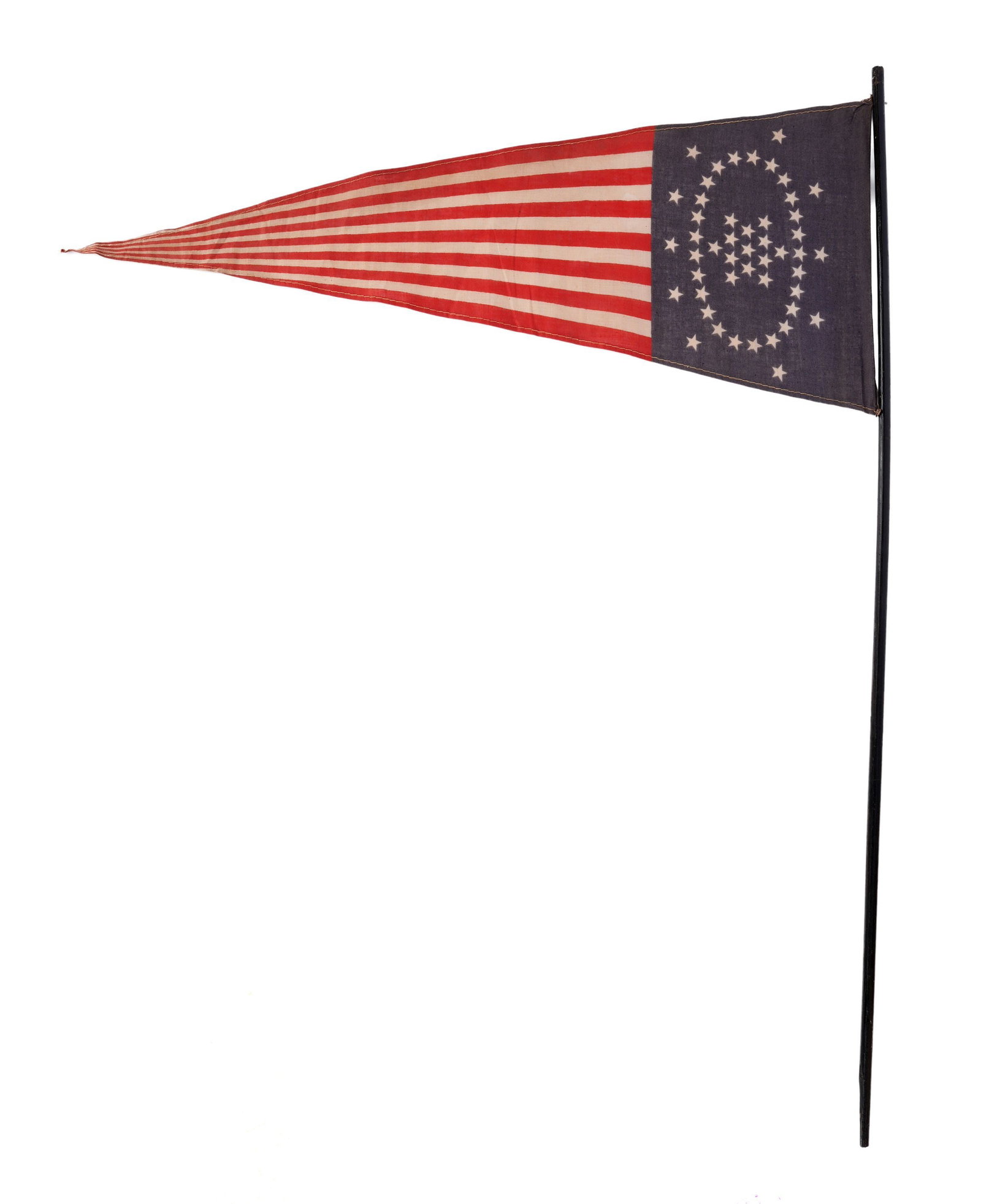 48 Star Whipple Pennant US Flag: A pennant bearing the 48 star Whipple design of the American flag. 9x22x33. | This lot has a reserve.