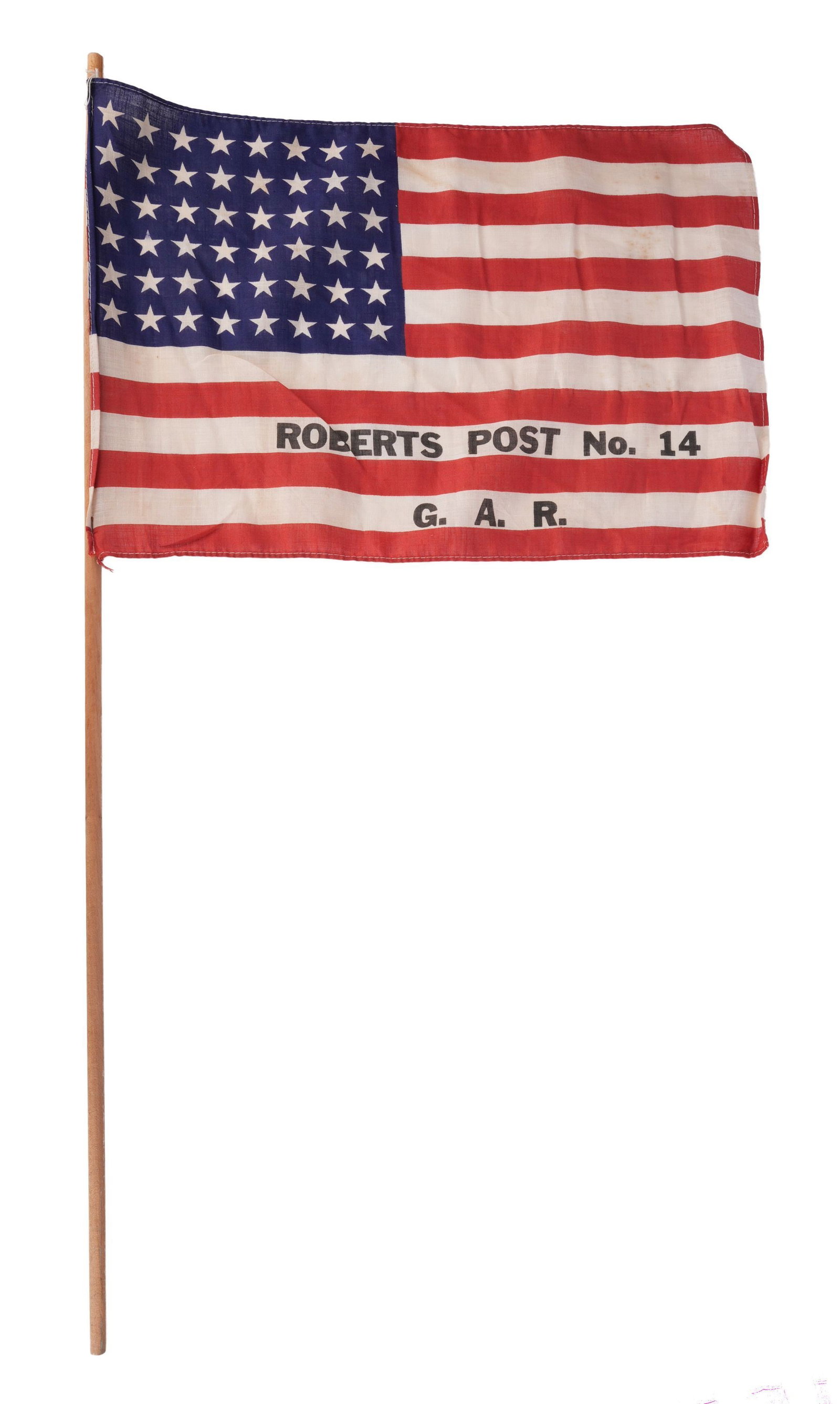 GAR Flag Roberts Post No. 14: Grand Army of the Republic Robert's Post No. 14 48 star flag. This post was in Rutland, Vermont. The post closed in 1939, so flag is pre-1939. | This lot has a reserve.