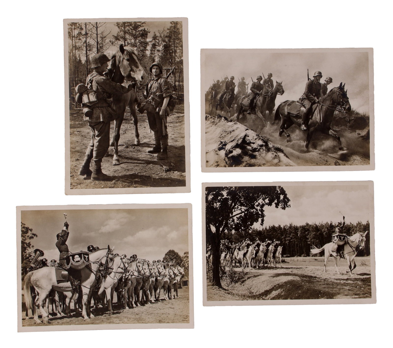 Unsere Waffen-SS EAS WWII German Postcard 4 Pcs: Lot of four (4) original Unsere Waffen-SS EAS propaganda postcards. Image captions "Kavallerie auf einem Uebungsritt," "Trompeterkorps einer SS-Kavalleriedivision" and "Gute Freunde." Dimensions 4-1/8