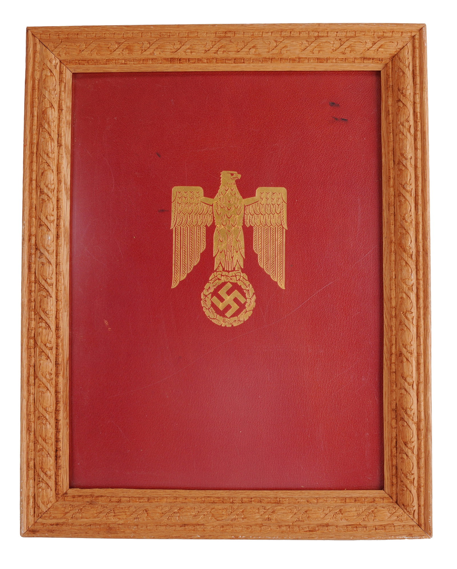 Knights Cross Folder WWII German Third Reich: A framed front cover of the presentation folder for the Knight's Cross of the Iron Cross. 15.5x19 inches,