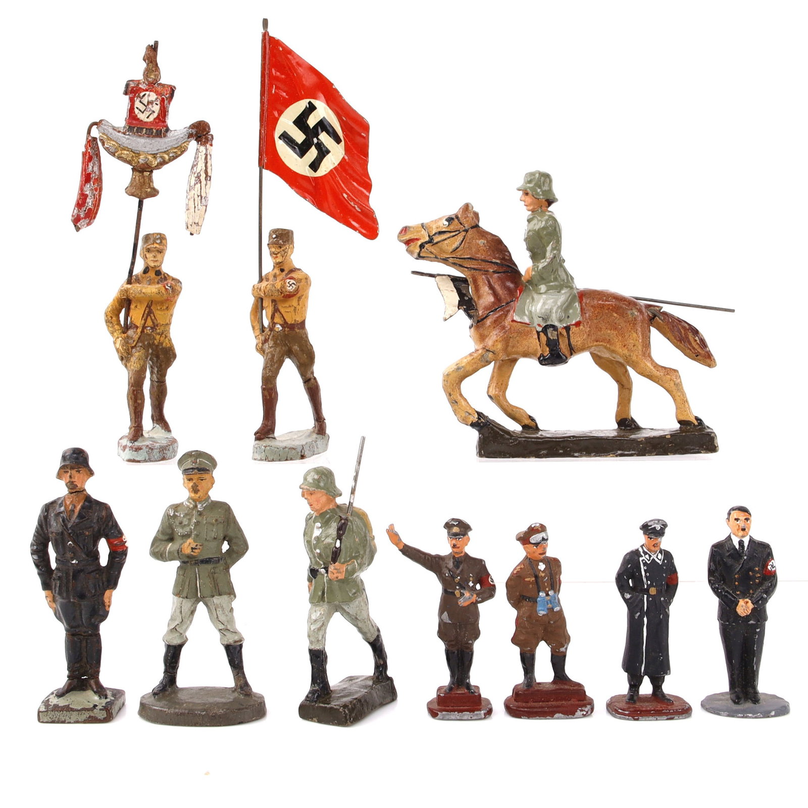 10 WWII Period German Soldier Figurines: Features early NSDAP uniforms as well as Heer and SS (Schutzstaffel). They measure 2 - 2 7/8 inches.