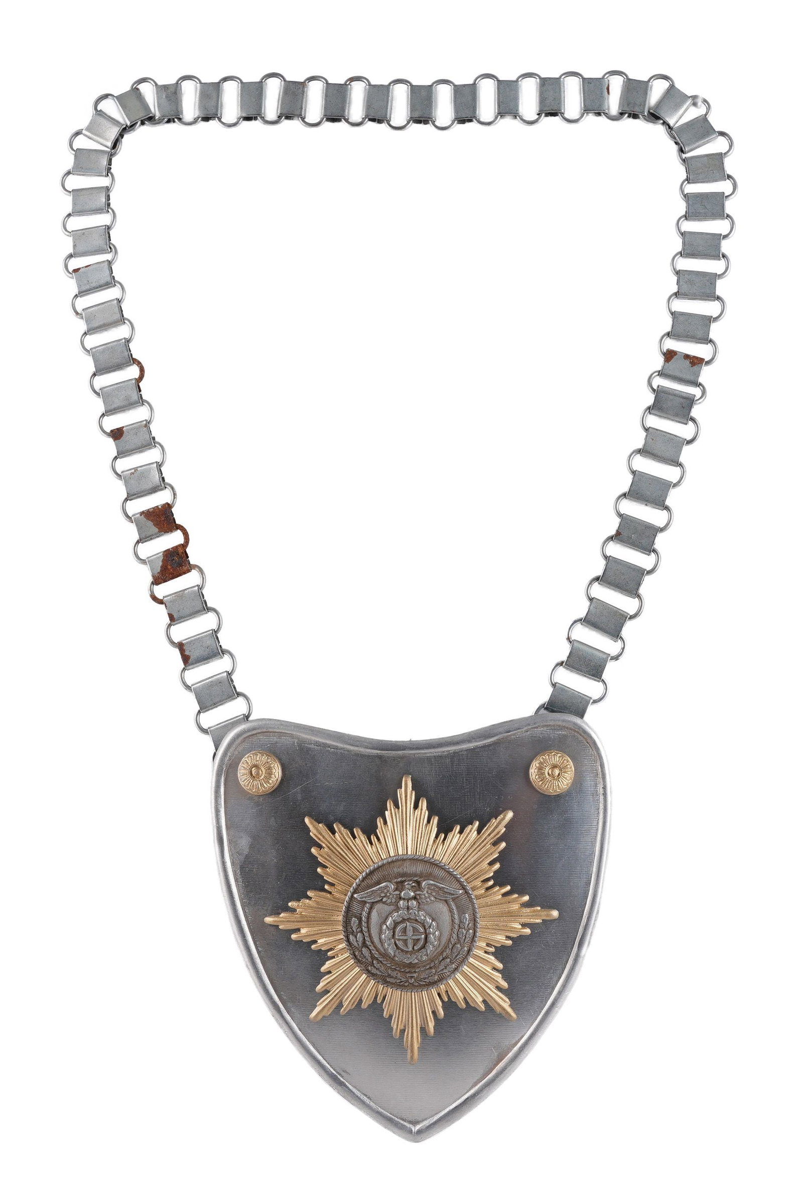 Early SS & SA Gorget for Standard Bearer WWII: A gorget for a standard bearer within the SS & SA. First model. Displays a Reichsadler roundel with a sunburst.
