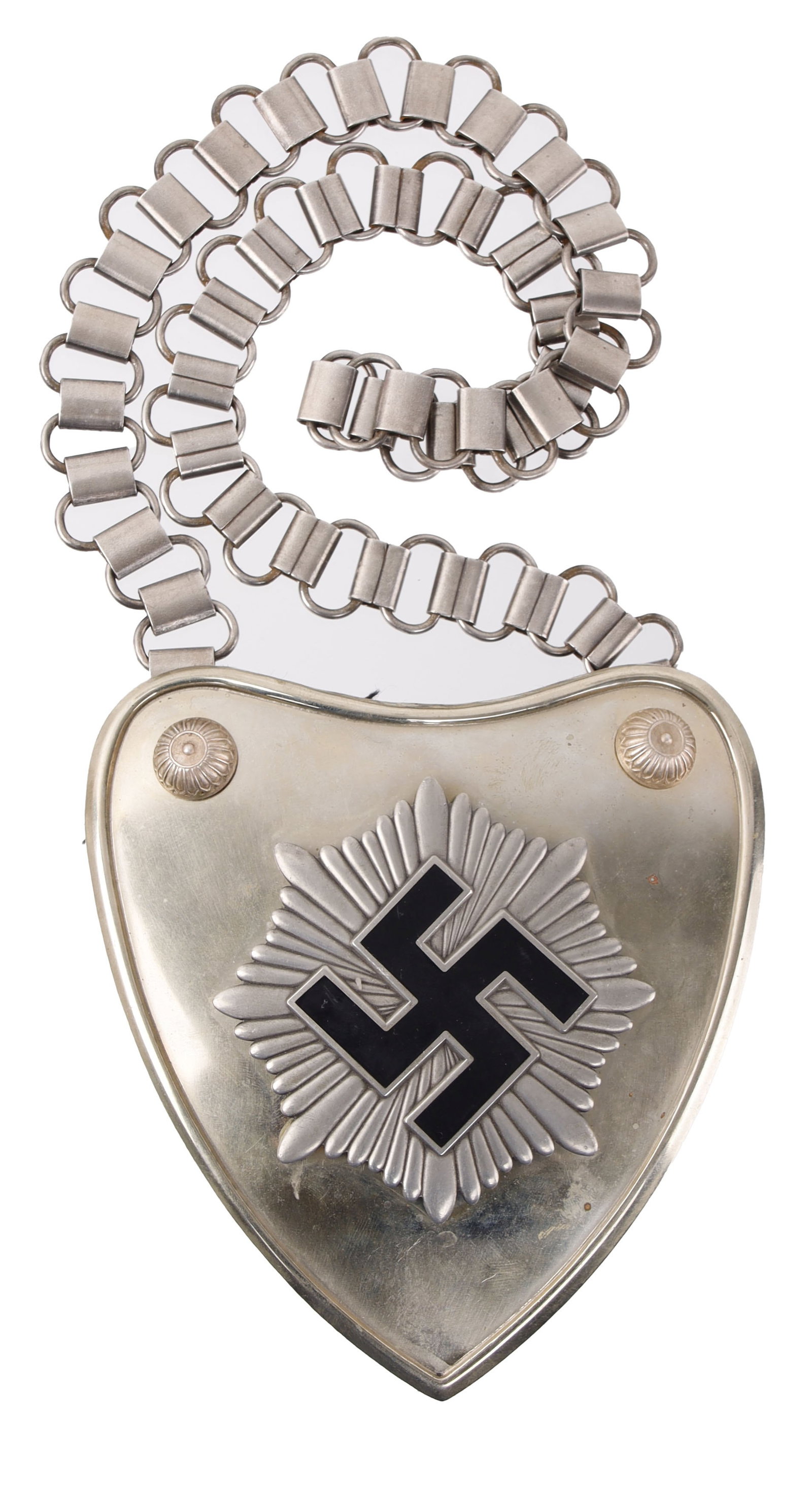 RLB Gorget 2nd Pattern with Chain WWII German: High quality historical interpreter's Reichsluftschutzbund 2nd Pattern. Felt-backed aluminum gorget with steel chain. Gorget dimensions 5x5 inches. Chain length 24 inches.