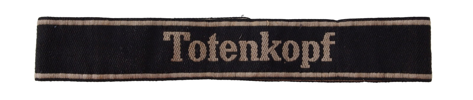 SS Totenkopf Cuff Title WWII German: BeVo style Totenkopf division cuff title. Non-fluorescing. Measures 16 inches.