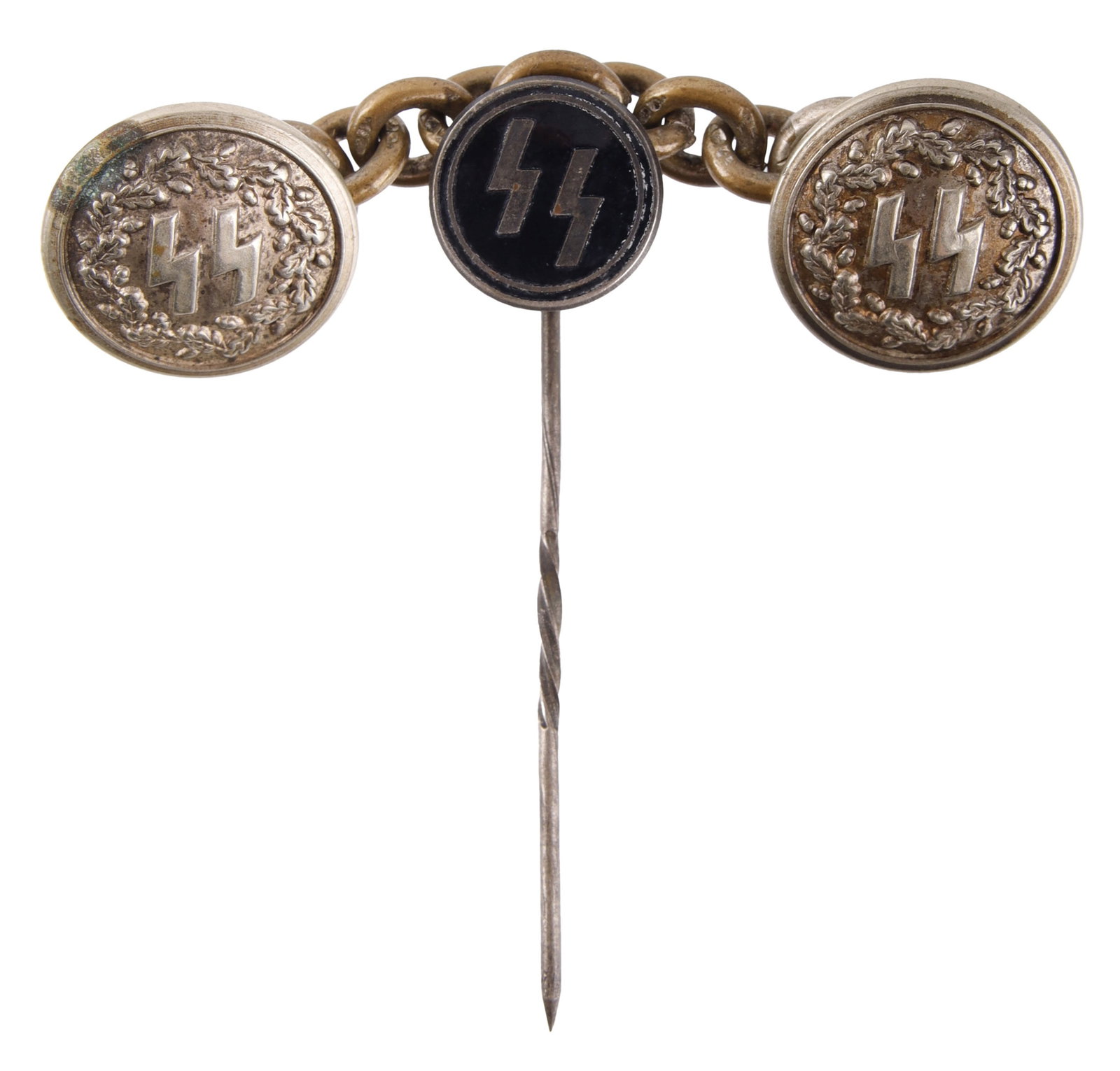 SS WWII German Supporter's Stickpin & Buttons: Schutzstaffel supporter stick pin and SS cape closure buttons. Stick pin is marked Hoffstader Ges Gesch. Cape pins appear to be nickel over bronze and marked RZM M5/8. | This lot has a reserve.