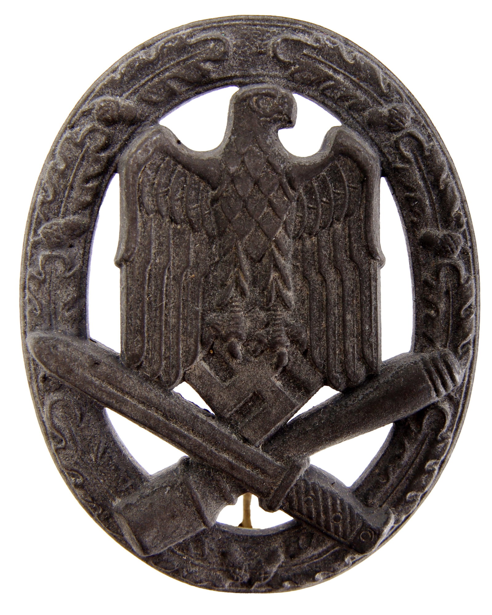 General Assault Badge JFS in Box: WWII German General Assault Badge in original cardboard box. Semi-hollow zinc construction. Reverse marked "JFS" and has riveted vertical round wire pin with riveted wire catch. Badge weight 32.2 gram