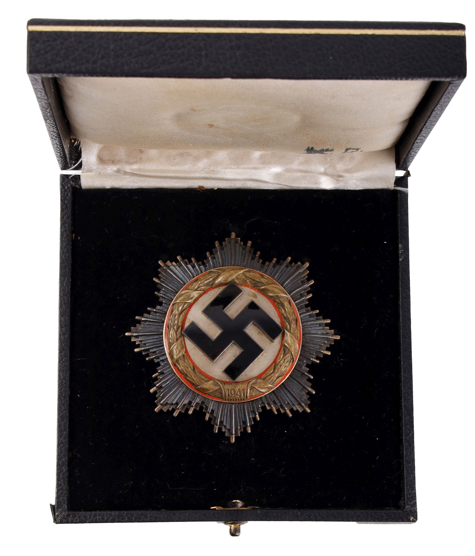 German Cross in Gold C.E. Juncker Heavy Type 2: Deutsches Kreuz in Gold. C.E. Juncker make, die-struck tombac with enamel swastika. Reverse has five domed rivets and slightly tapered vertical pin marked "2." Height 2.51 inches. Width 2.53 inches. G