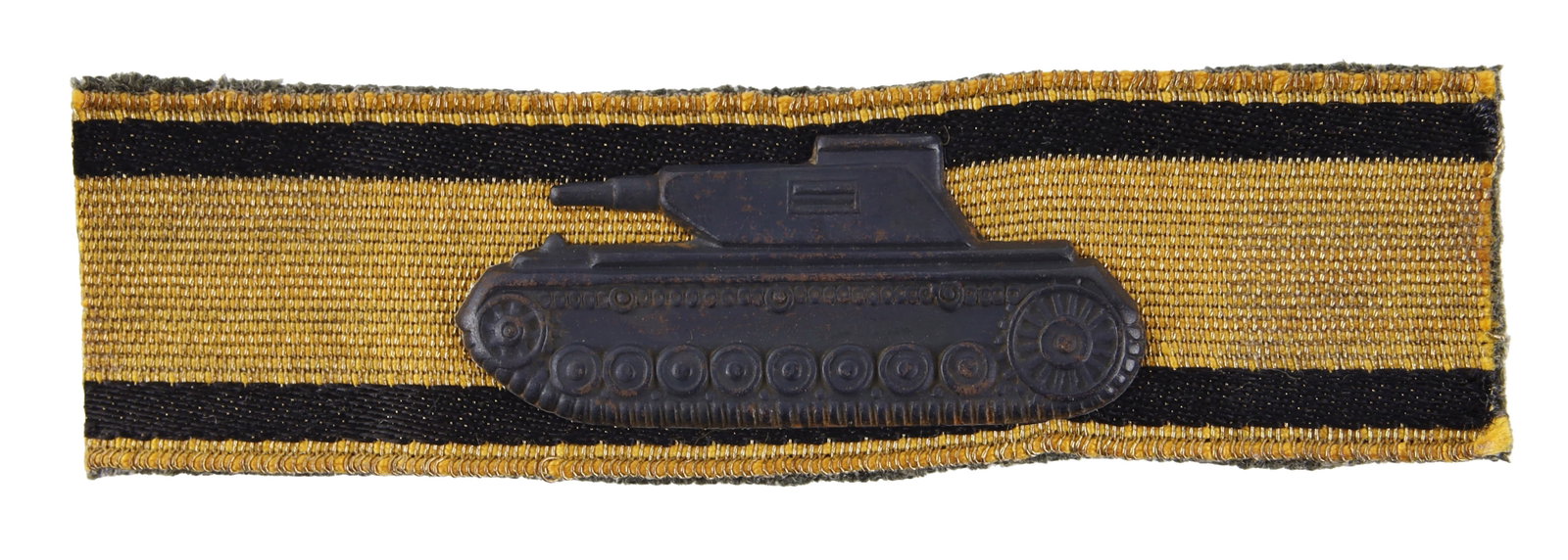 Gold Grade Tank Destruction Badge WWII German: Gold grade for five tanks destroyed. Gold bullion wire with bronze tank and wool backing. It measures 3 1/2 inches. | This lot has a reserve.