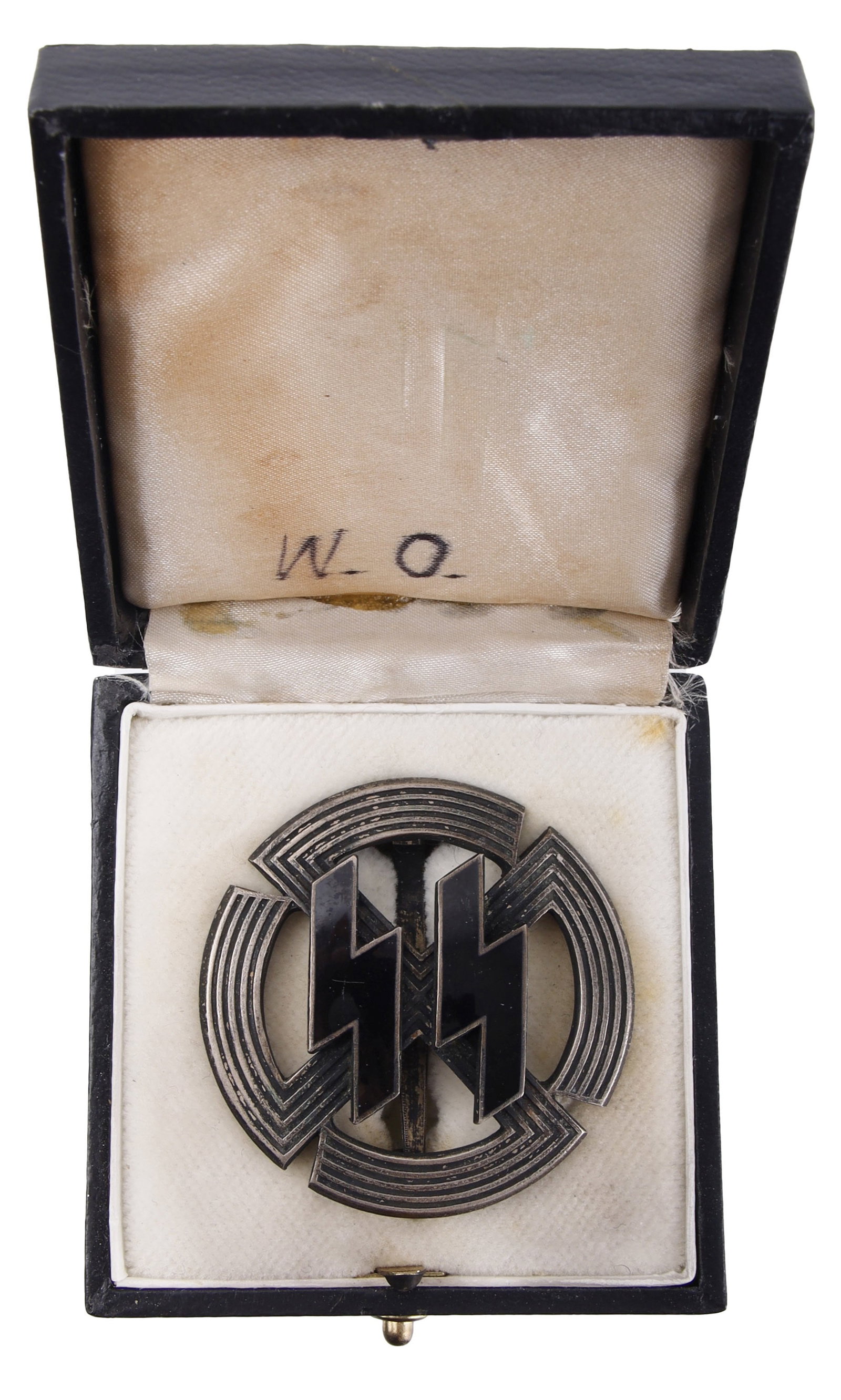SS Germanic Proficiency Runes Badge, Silver, Cased: Cased WWII German SS Germanic Proficiency Runes Badge in silver. Multi-piece construction, with enameled Siegrunes affixed to convex face of mobile swastika via four square pins. Gross weight 29 grams