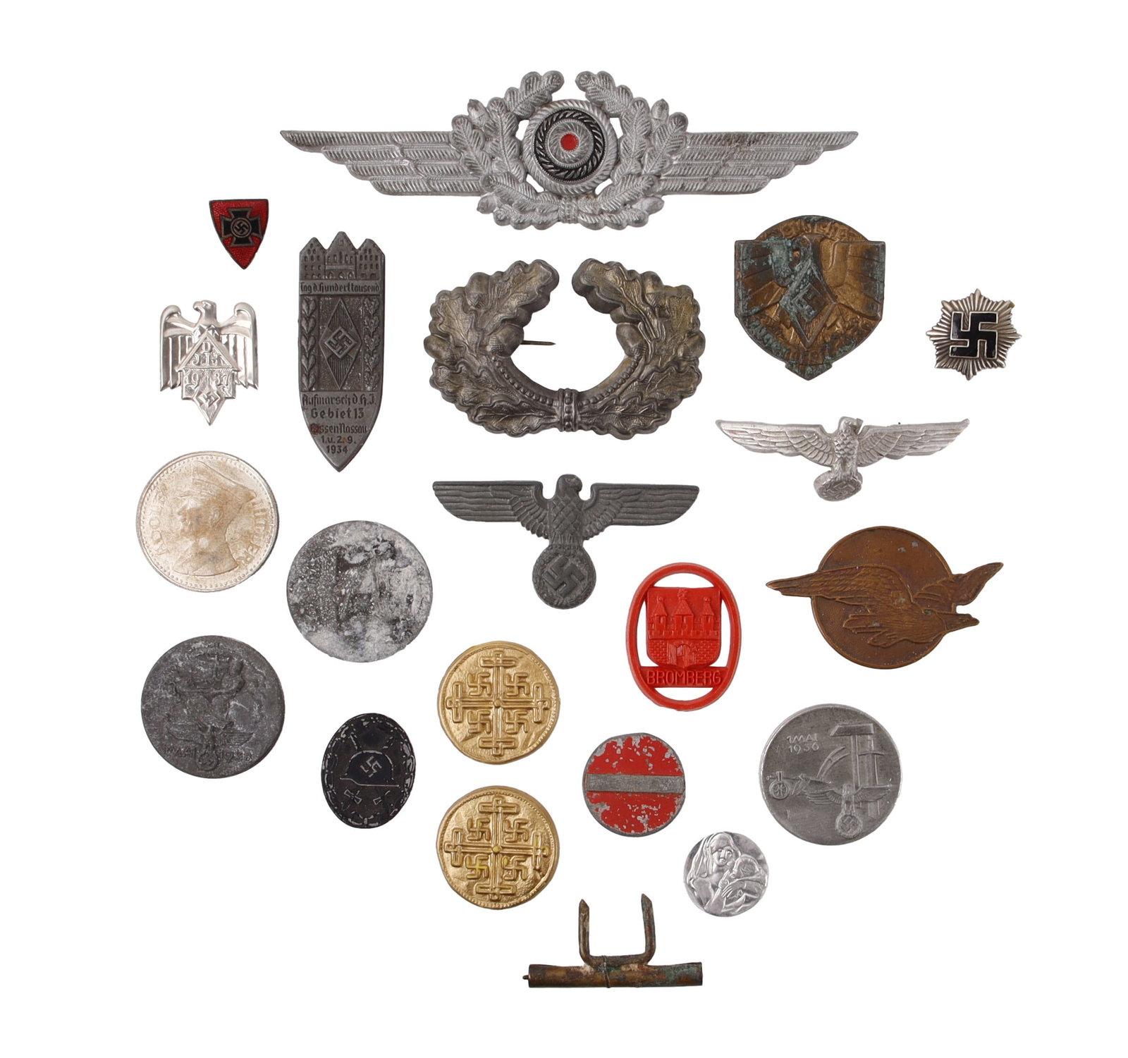 WWII German Tinnies Pins Eagle Insignia Lot of 21: Lot of twenty-one (21) pieces tinnies, pins and insignia.