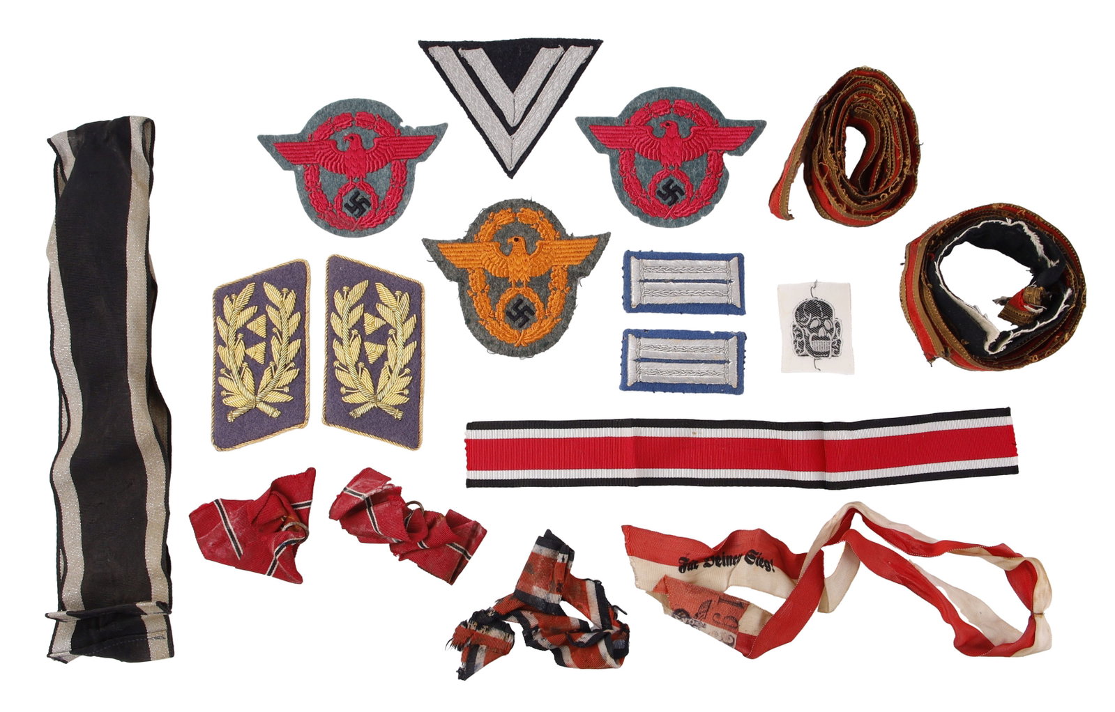 Insignia Patches & Ribbons WWII German Lot of 17: Lot of seventeen (17) pieces. Includes two pairs of collar tabs, Ordnungspolizei and Feuerwehrpolizei patches, Totenkopf, chevron and group of ribbon fragments.