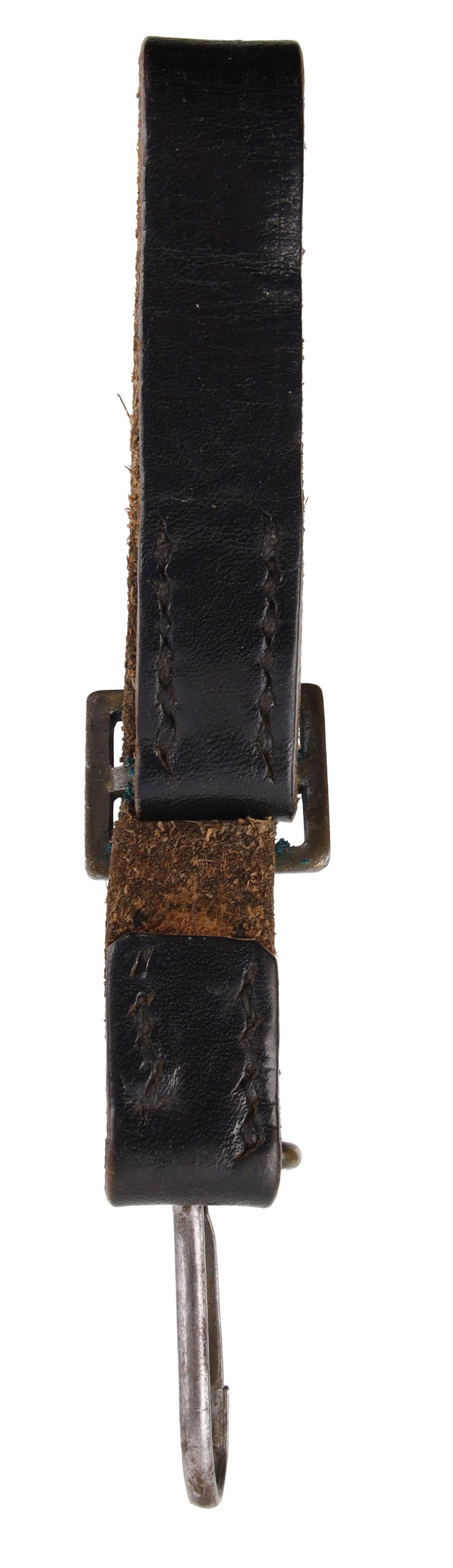Dagger Hanger Belt Loop with D-Ring & Spring Clip: WWII German leather belt loop dagger hanger with D-ring and spring clip. Steel hardware. Overall length 7 inches.