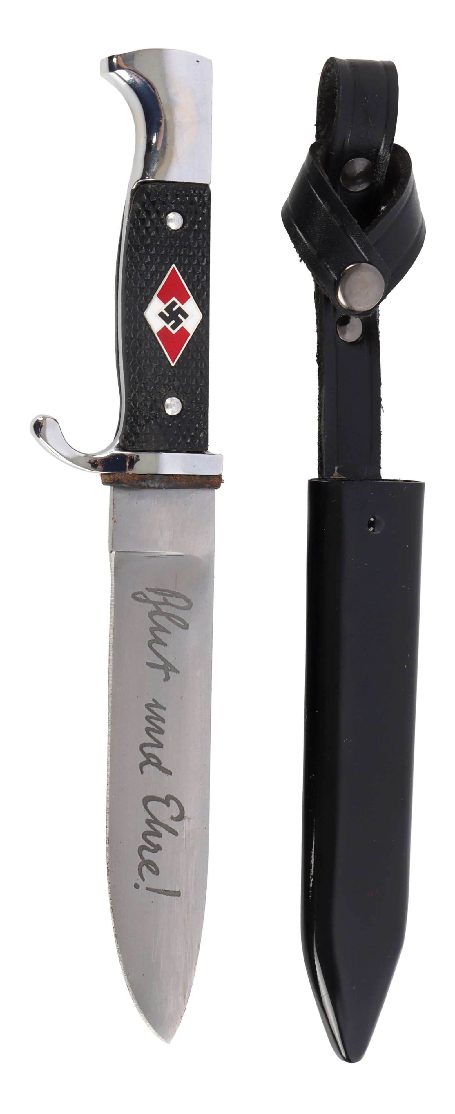 Hitlerjugend Knife Wingen WWII German: A Hitlerjugend knife with diamond and swastika in handle. Wingen stamped. 9.5 inch dagger, with scabbard.