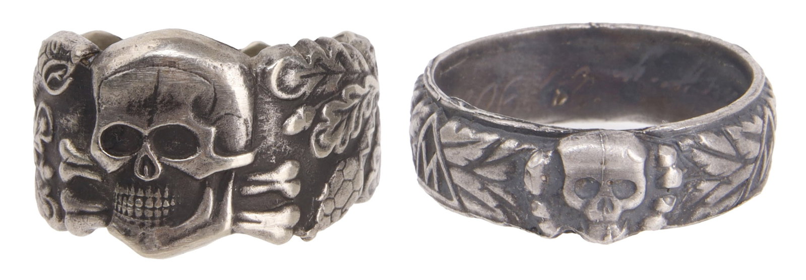 Waffen-SS Silver Rings WWII German Lot of 2: Two (2) rings for the Waffen-SS in silver. 1) Ehrenring. Size 12.5. 2) Anti-partisan totenkopf ring. Size 10. Unauthenticated, sold as is.